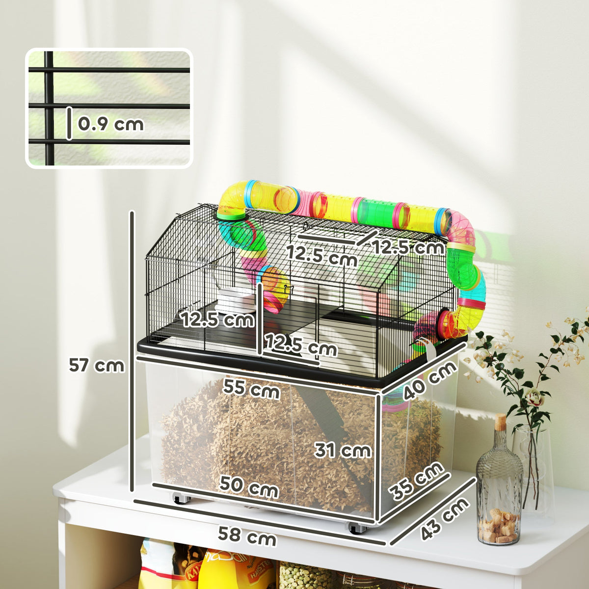 Hamster Cage, 2 Tier Gerbil Cage with 31cm Deep Tray, Tube System, Water Bottle, Ramp, Feeding Bowl, 58 x 43 x 57cm, Multicoloured