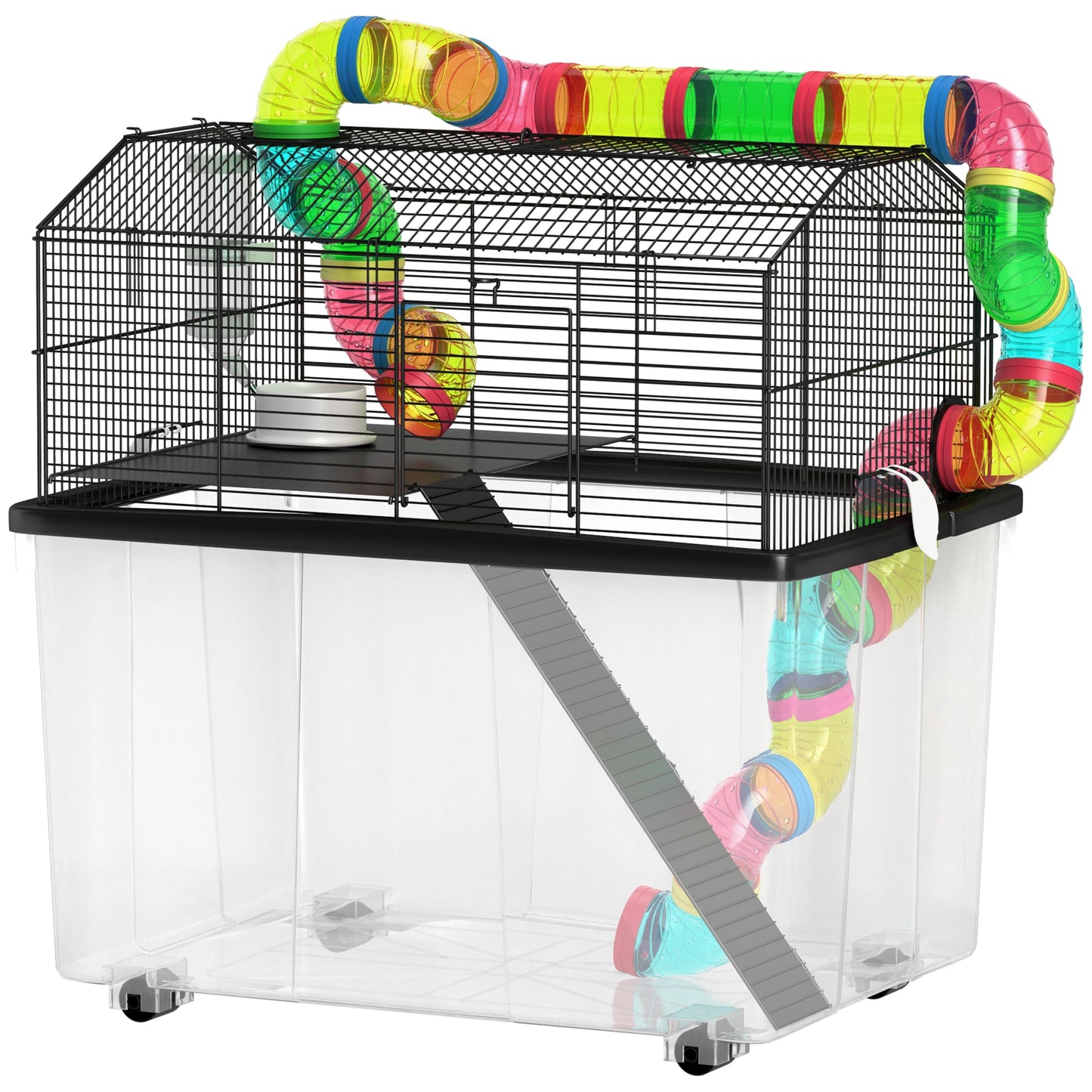 Hamster Cage, 2 Tier Gerbil Cage with 31cm Deep Tray, Tube System, Water Bottle, Ramp, Feeding Bowl, 58 x 43 x 57cm, Multicoloured