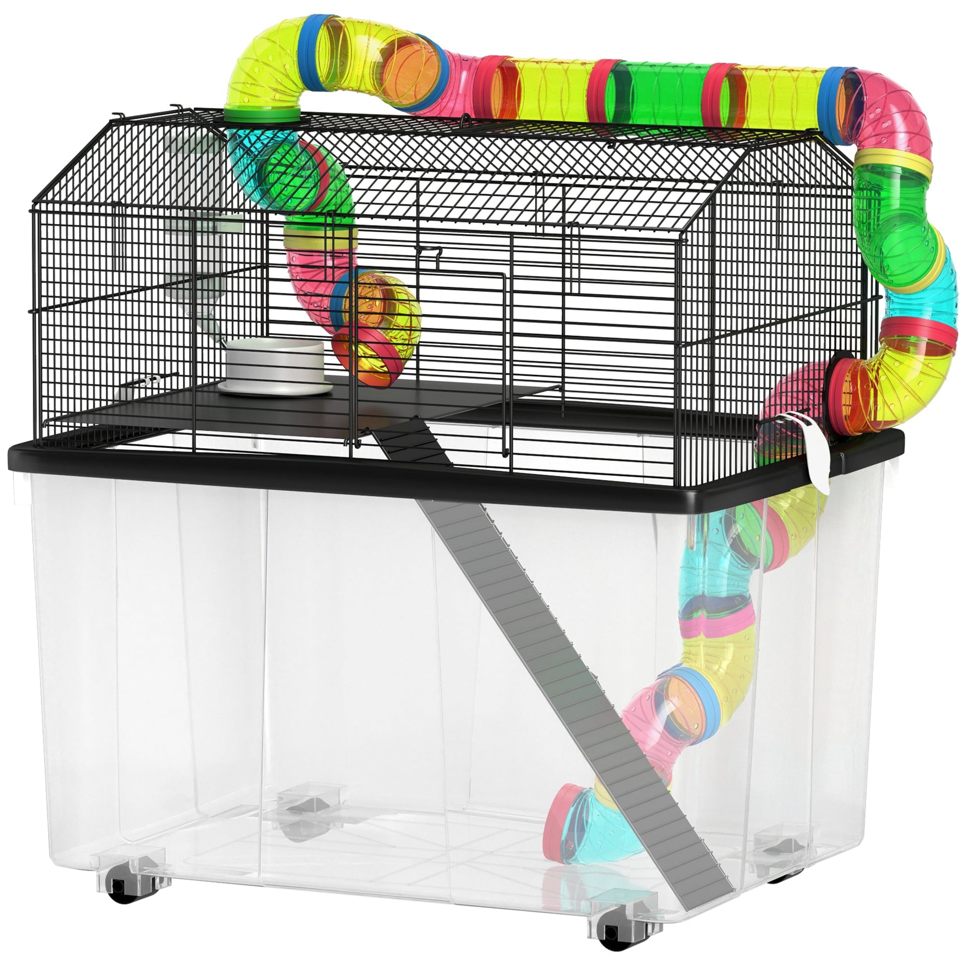 Hamster Cage, 2 Tier Gerbil Cage with 31cm Deep Tray, Tube System, Water Bottle, Ramp, Feeding Bowl, 58 x 43 x 57cm, Multicoloured