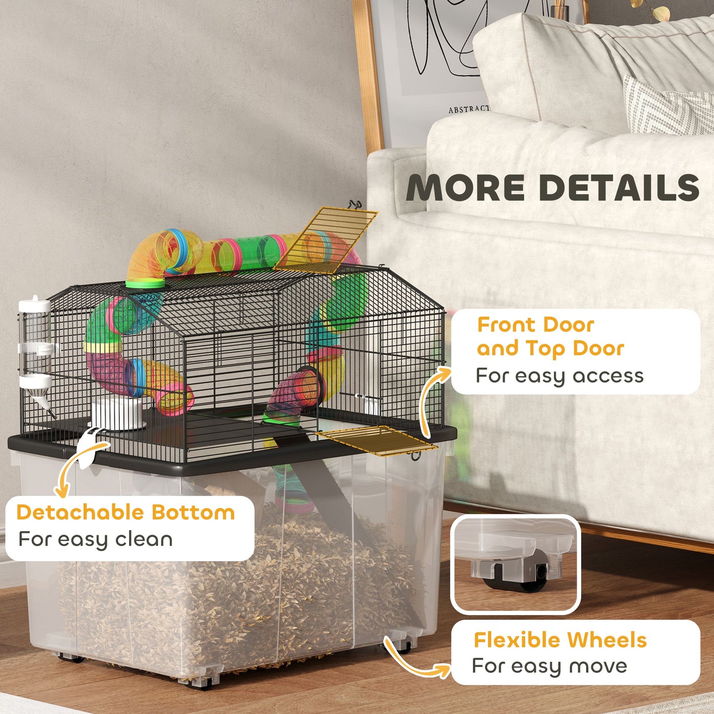 Hamster Cage, 2 Tier Gerbil Cage with 31cm Deep Tray, Tube System, Water Bottle, Ramp, Feeding Bowl, 58 x 43 x 57cm, Multicoloured