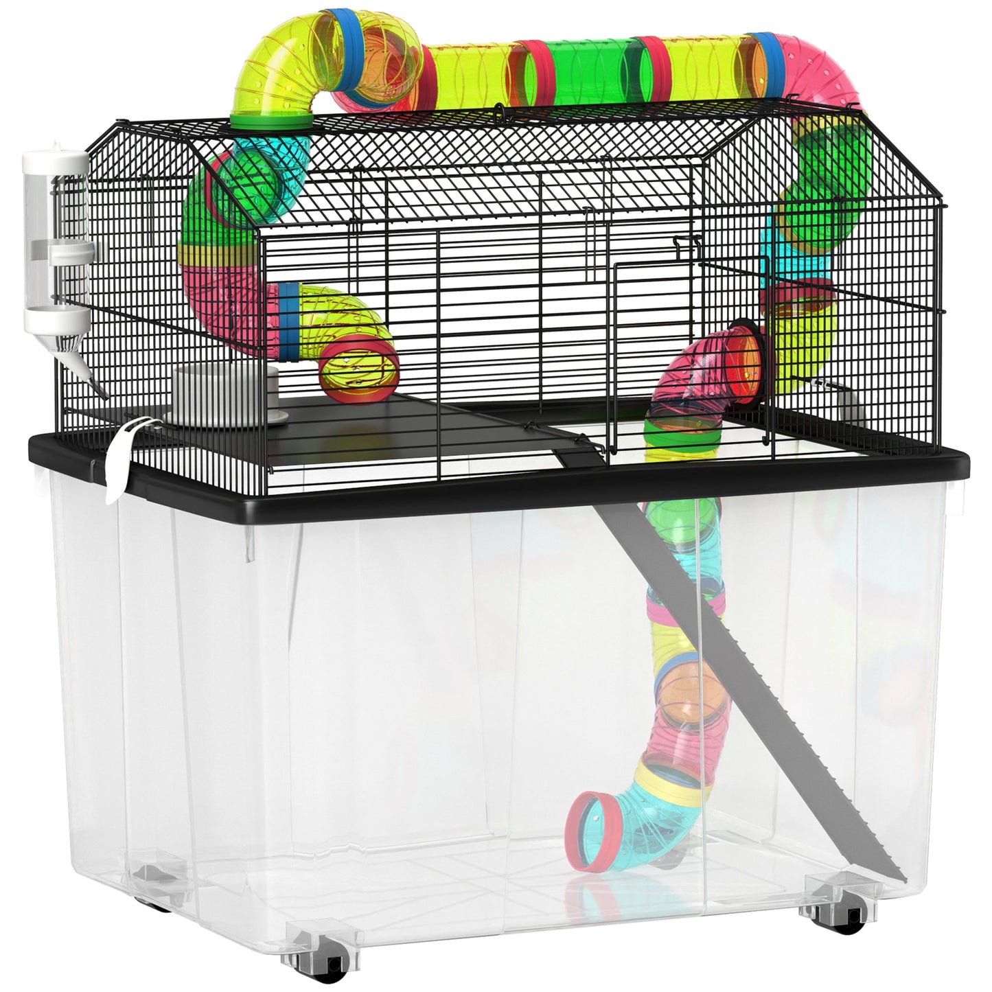 Hamster Cage, 2 Tier Gerbil Cage with 31cm Deep Tray, Tube System, Water Bottle, Ramp, Feeding Bowl, 58 x 43 x 57cm, Multicoloured