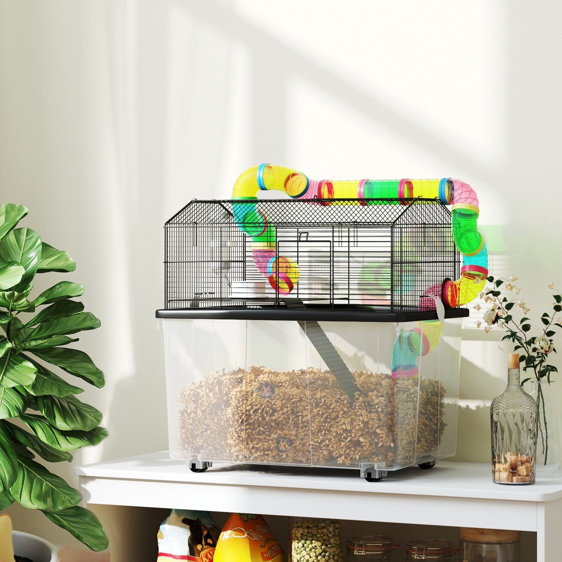 Hamster Cage, 2 Tier Gerbil Cage with 31cm Deep Tray, Tube System, Water Bottle, Ramp, Feeding Bowl, 58 x 43 x 57cm, Multicoloured