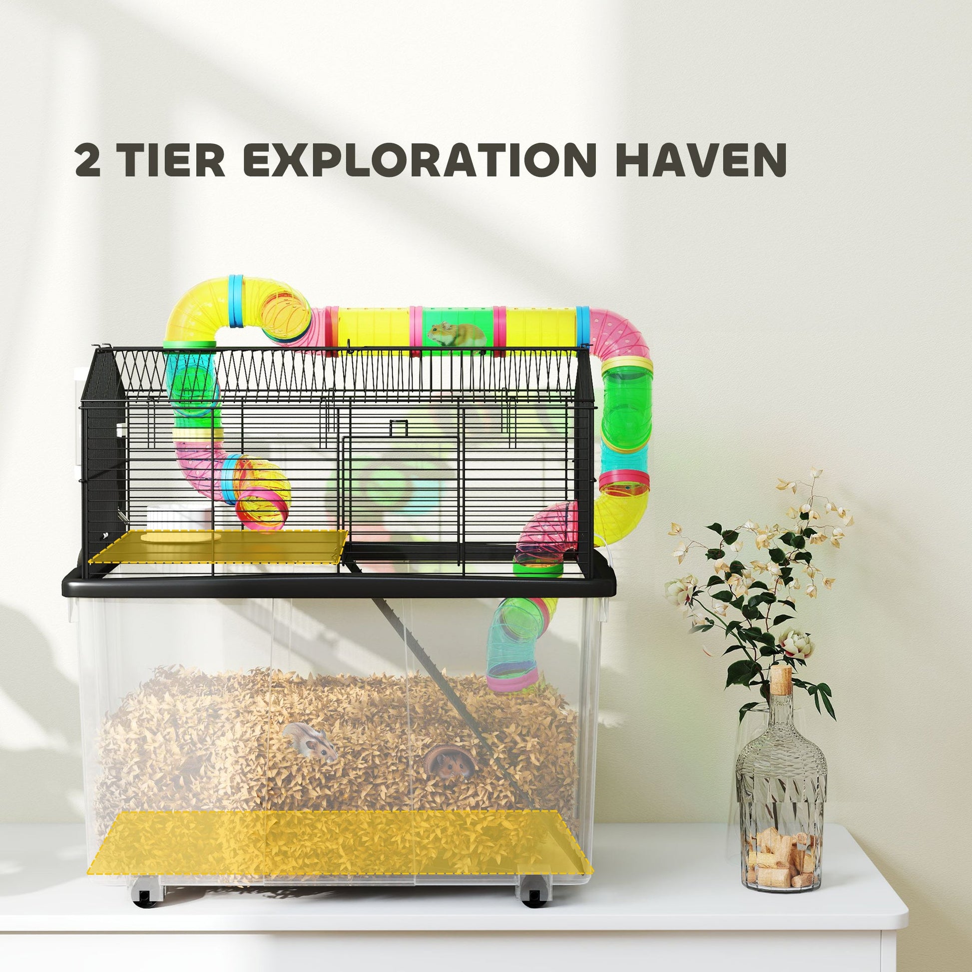 Hamster Cage, 2 Tier Gerbil Cage with 31cm Deep Tray, Tube System, Water Bottle, Ramp, Feeding Bowl, 58 x 43 x 57cm, Multicoloured