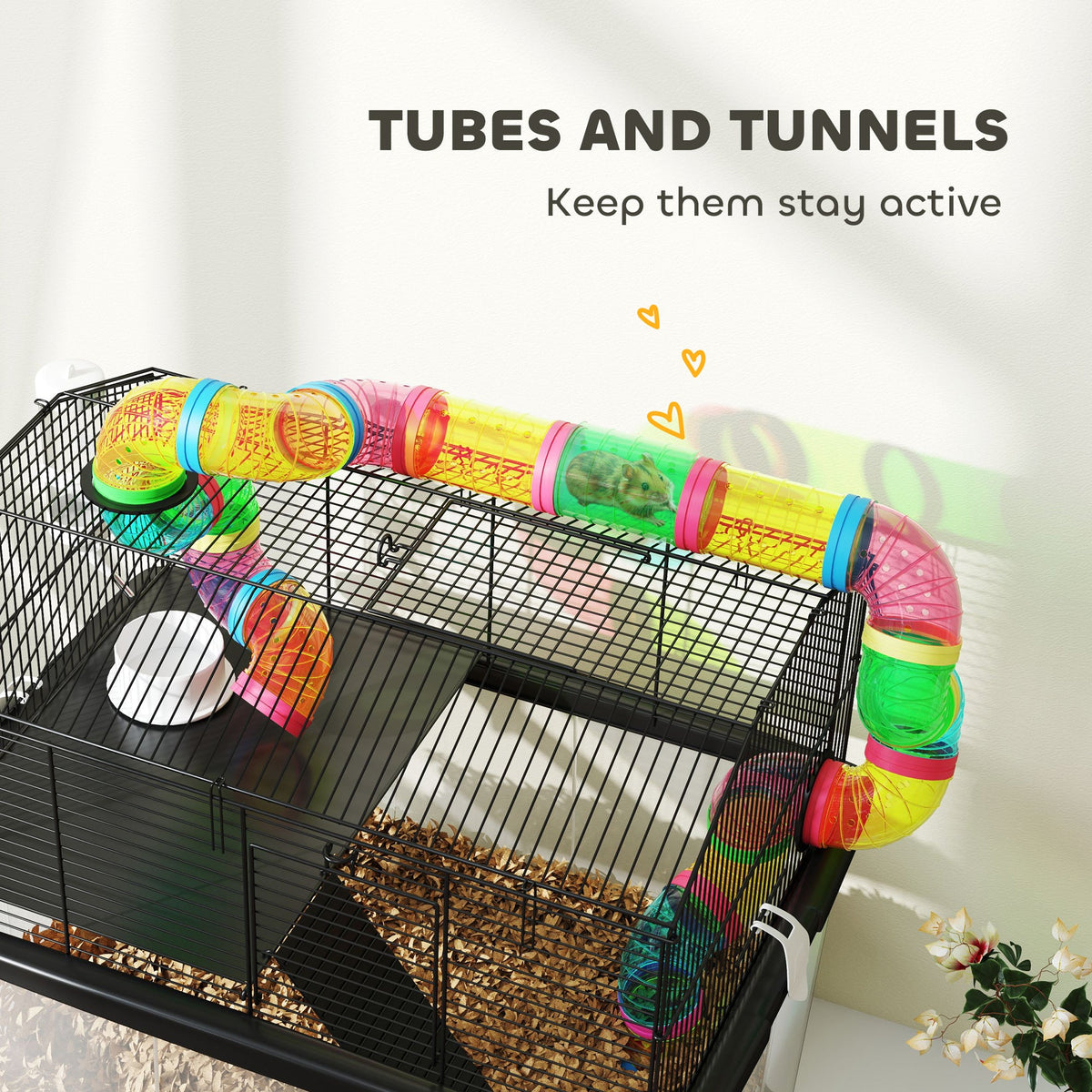 Hamster Cage, 2 Tier Gerbil Cage with 31cm Deep Tray, Tube System, Water Bottle, Ramp, Feeding Bowl, 58 x 43 x 57cm, Multicoloured