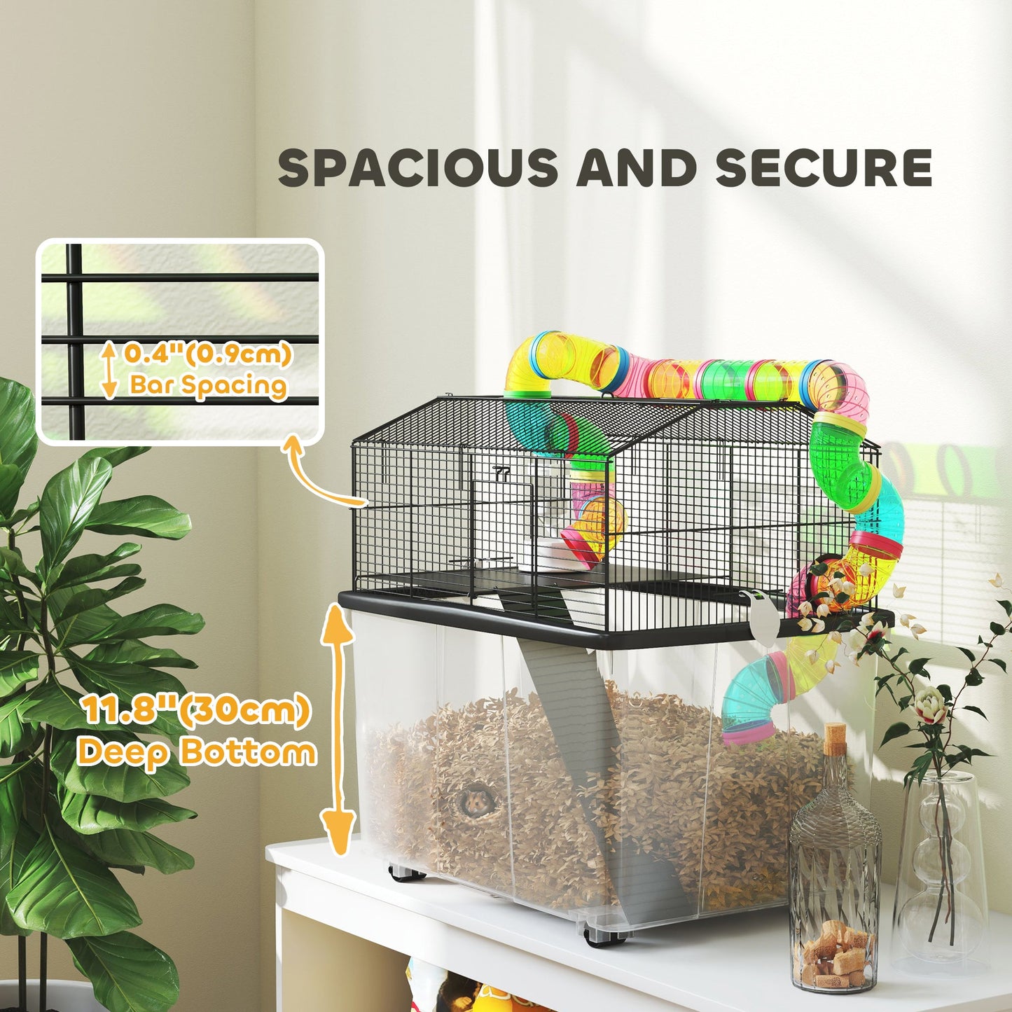 Hamster Cage, 2 Tier Gerbil Cage with 31cm Deep Tray, Tube System, Water Bottle, Ramp, Feeding Bowl, 58 x 43 x 57cm, Multicoloured