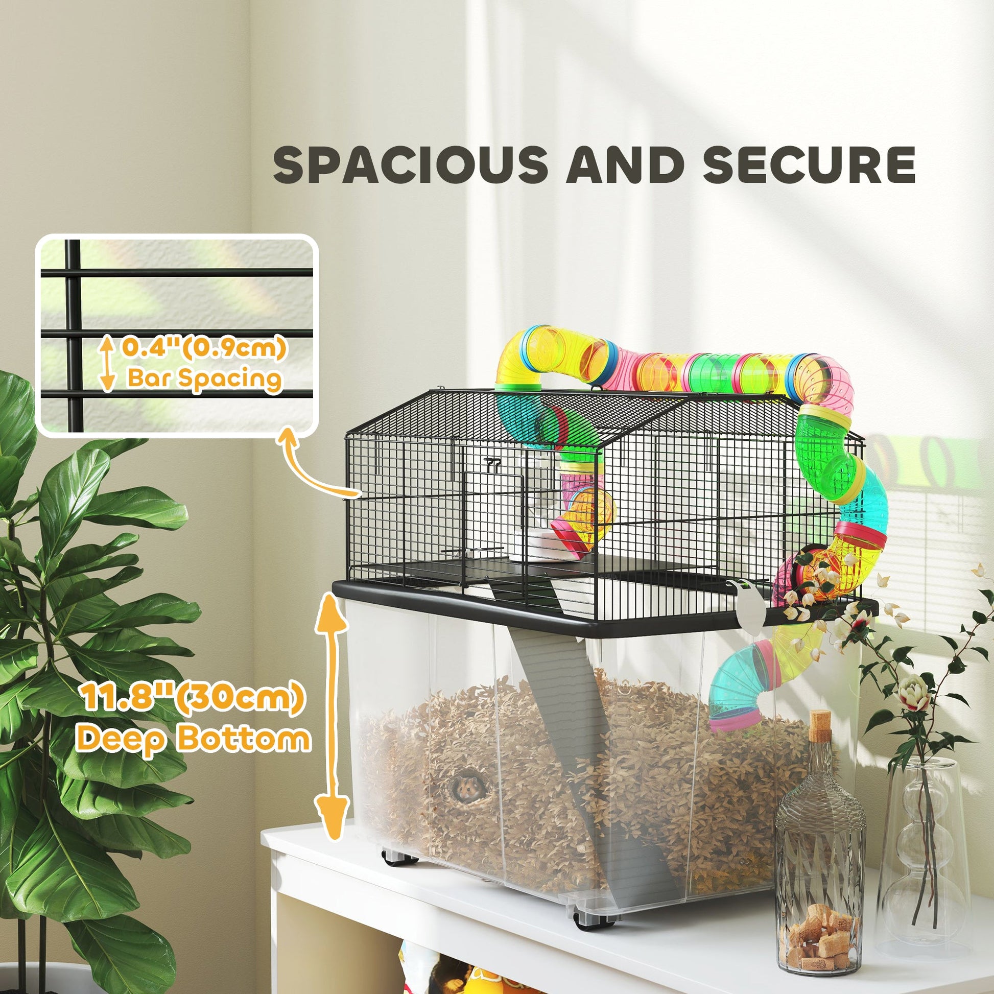 Hamster Cage, 2 Tier Gerbil Cage with 31cm Deep Tray, Tube System, Water Bottle, Ramp, Feeding Bowl, 58 x 43 x 57cm, Multicoloured