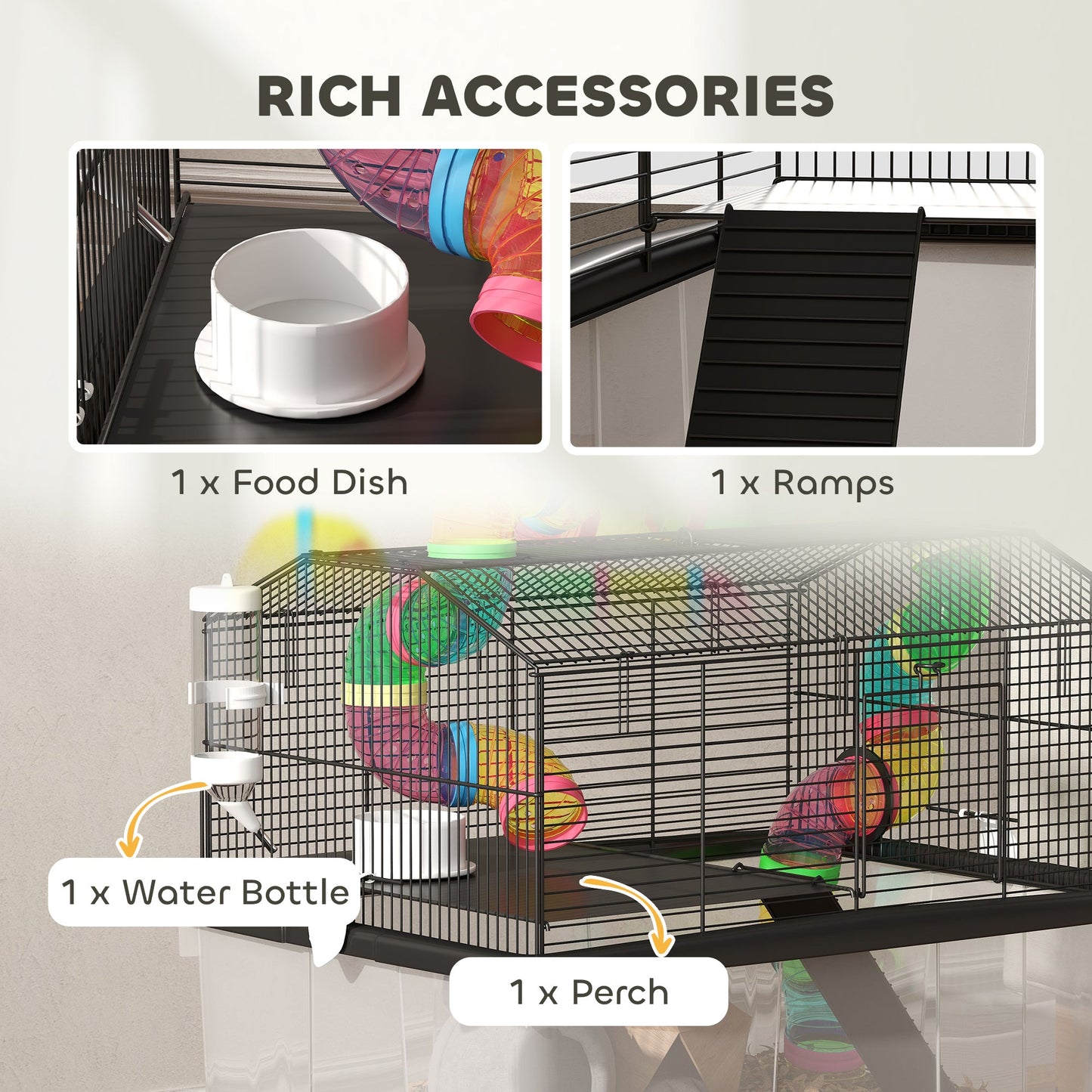 Hamster Cage, 2 Tier Gerbil Cage with 31cm Deep Tray, Tube System, Water Bottle, Ramp, Feeding Bowl, 58 x 43 x 57cm, Multicoloured