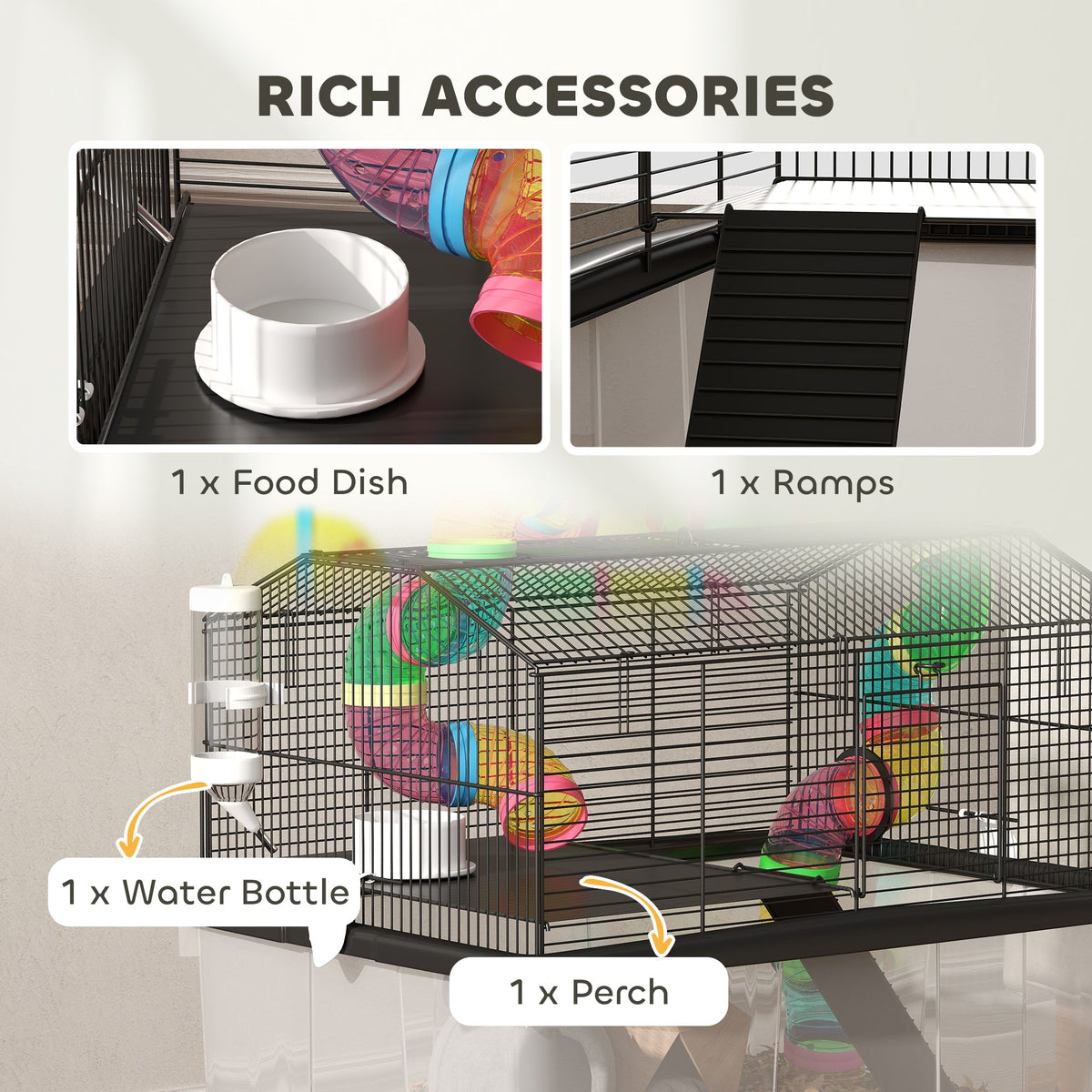 Hamster Cage, 2 Tier Gerbil Cage with 31cm Deep Tray, Tube System, Water Bottle, Ramp, Feeding Bowl, 58 x 43 x 57cm, Multicoloured