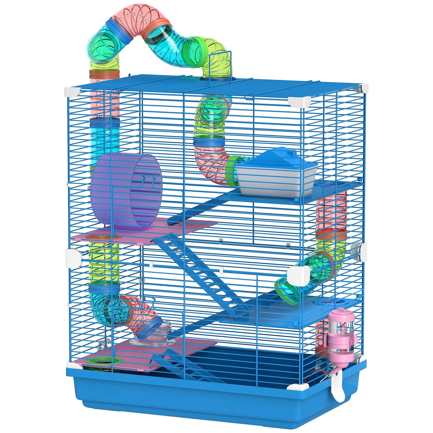 5 Tier Hamster Cage, Gerbil Cage with Tube Exercise Wheels, Tunnel, Water Bottle, Dishes, Blue, 58H x 46L x 30Wcm
