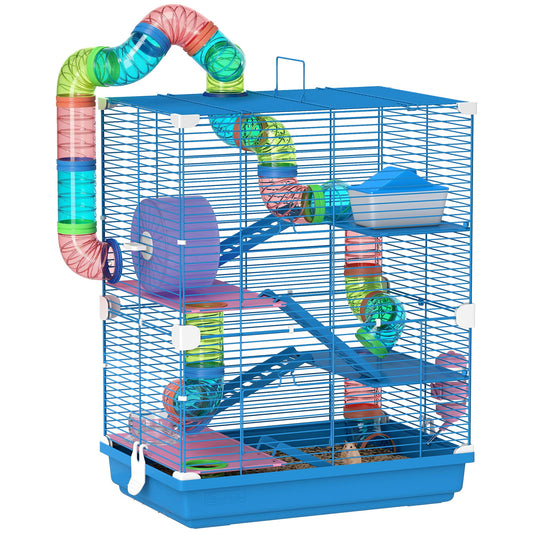5 Tier Hamster Cage, Gerbil Cage with Tube Exercise Wheels, Tunnel, Water Bottle, Dishes, Blue, 58H x 46L x 30Wcm