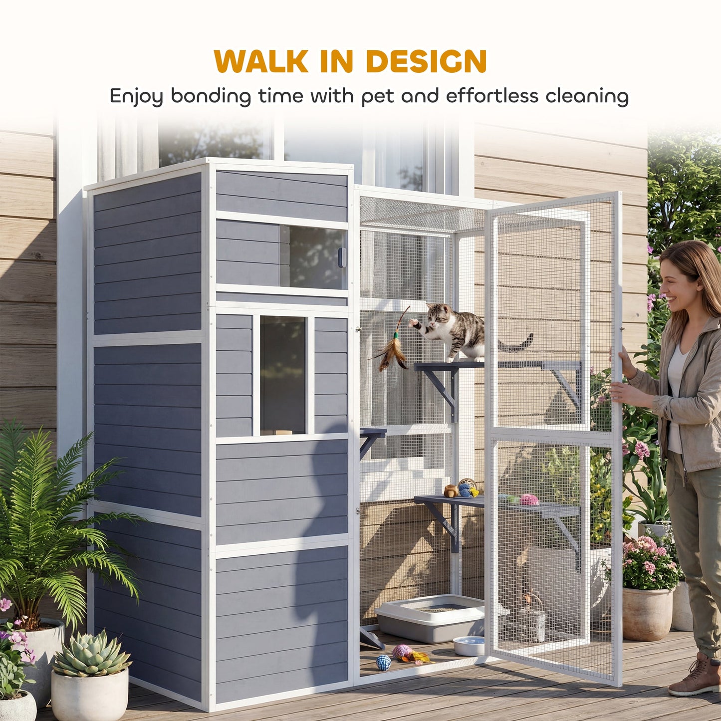 Wooden Catio, 4-Tier Catio Cat Outdoor Enclosure with All-Weather Sun Roof, Spacious Resting Rooms, 3 Platforms, Window for Multiple Cats Outdoor Indoor, Grey