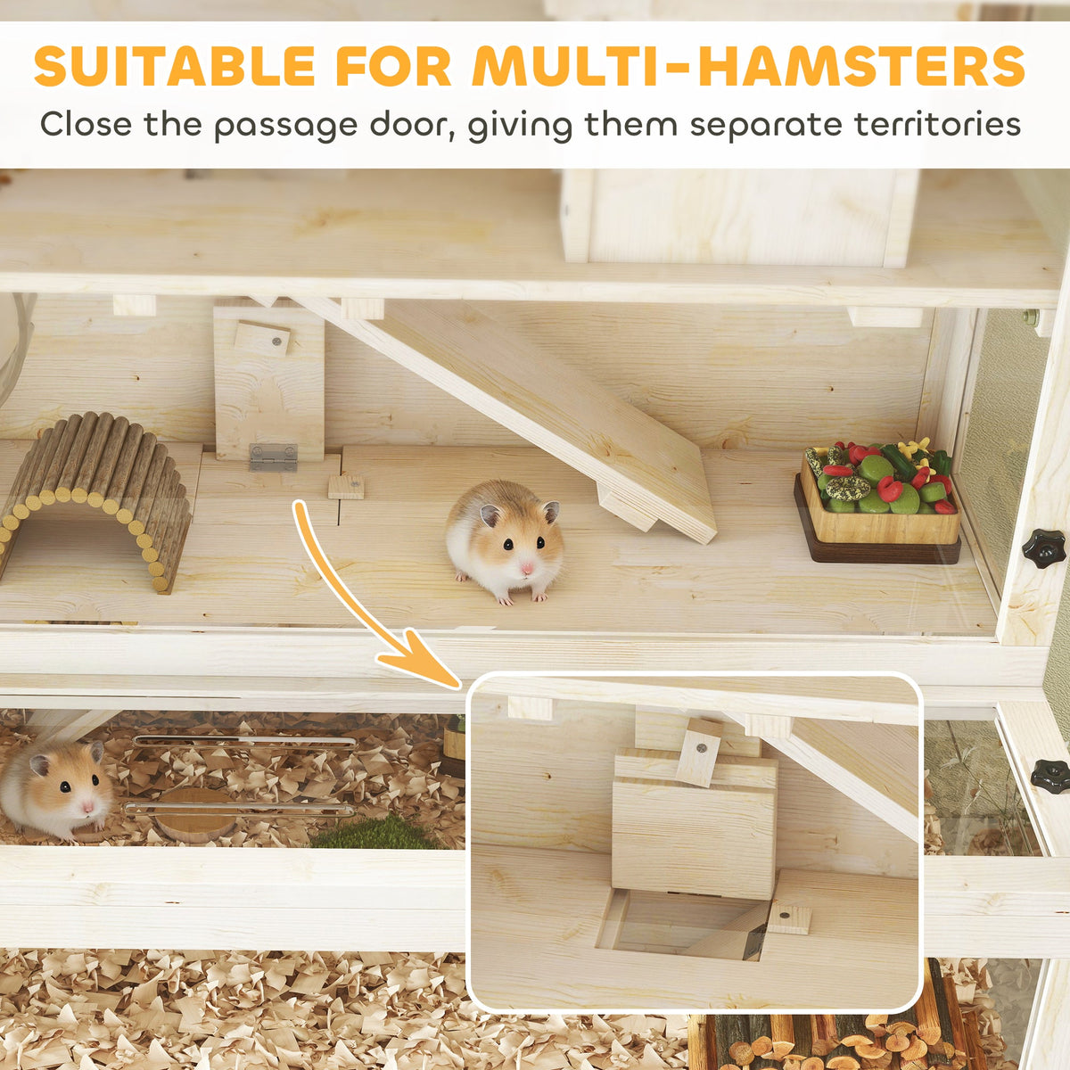 Wooden Hamster Cage, Large Gerbil Cage with Hut, Wheel, Ramps, 3 Tier Small Animal Habitat with Removable Viewing Panels, 100 x 50 x 84 cm, Natural Wood