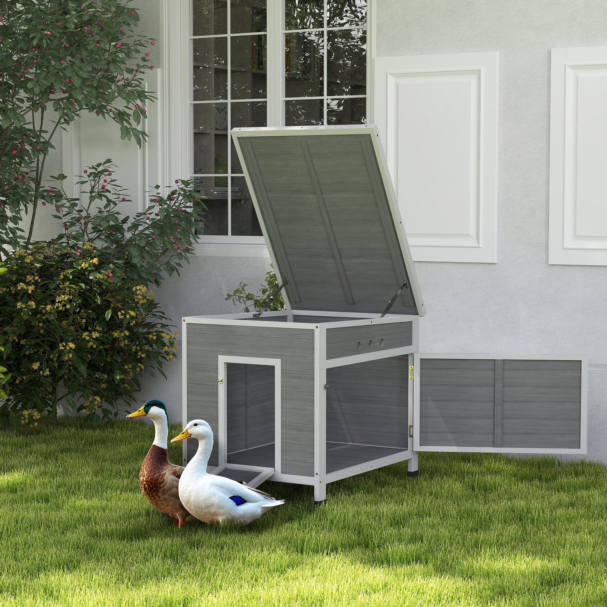 Wooden Duck House, Raised Poultry Coop with Ramp, Double Doors, Openable Asphalt Roof, Ventilation Holes, Removable Base, for 2-4 Ducks, Chickens, Geese, Light Grey