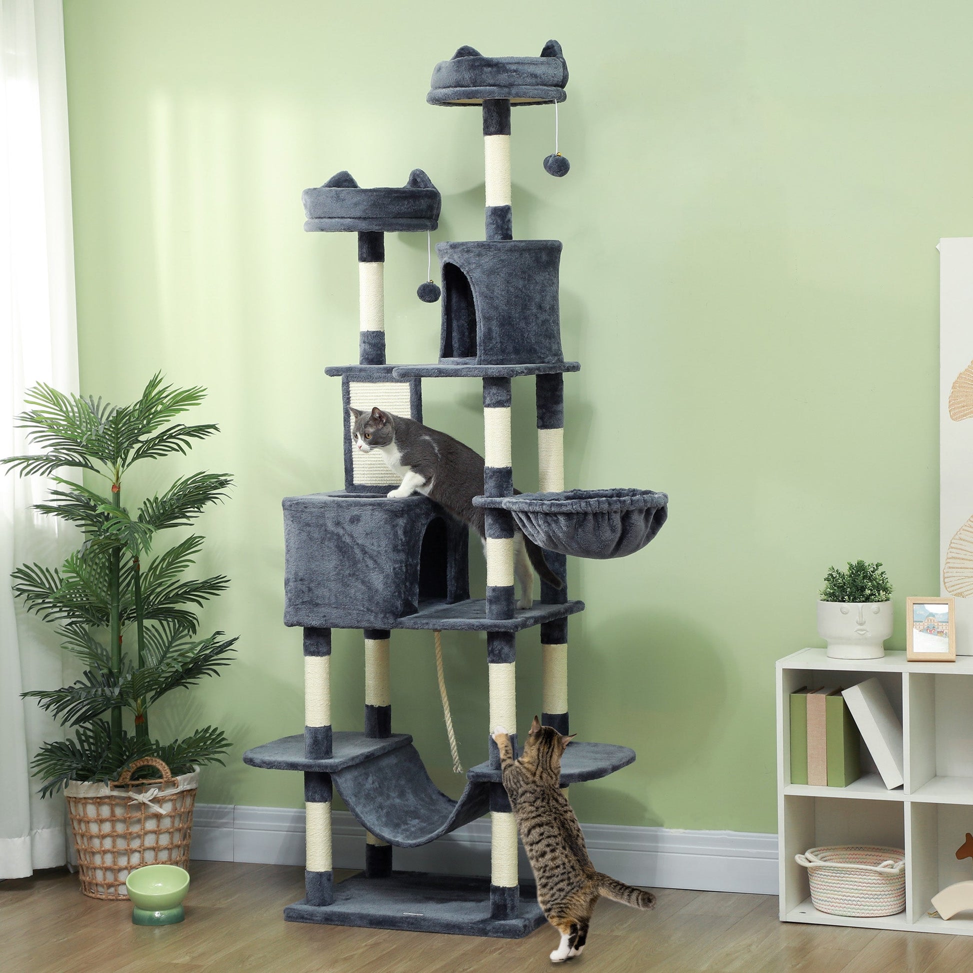 Cat Tree, 206cm Cat Tower with Sisal Scratching Posts and Board, Beds, Condos, Platforms, Hammocks, Toy Balls & Rope, Anti-Tip Kit, Kitten Activity Centre for Indoor, Dark Grey