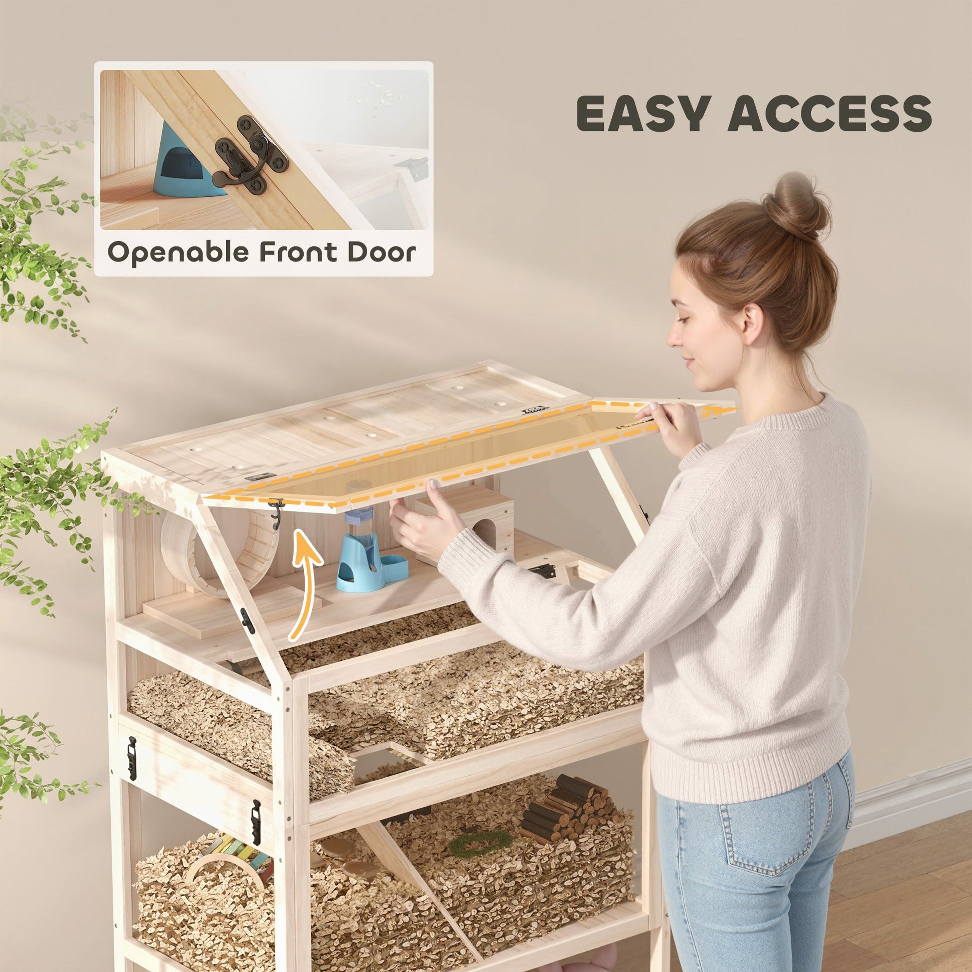 Wooden Hamster Cage, 3 Tier Small Animal Cage with Detachable Lower Floor, Storage Shelf, Hut, Seesaw, Exercise Wheel, Ramps, Hamster Habitat for Dwarf, Gerbil, 80L x 53W x 117H cm, Natural