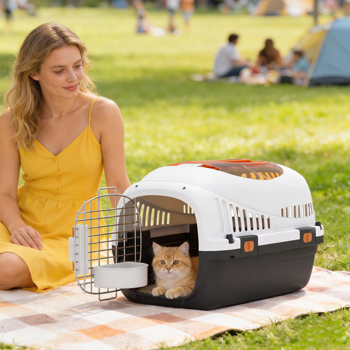 Plastic Cat Carrier, Transport Top Load Pet Carrier Travel Box for Small Dogs and Cats Max 4 KG, 49 x 32 x 31 cm, Steel Door, Feed Bowl, Secure Lock
