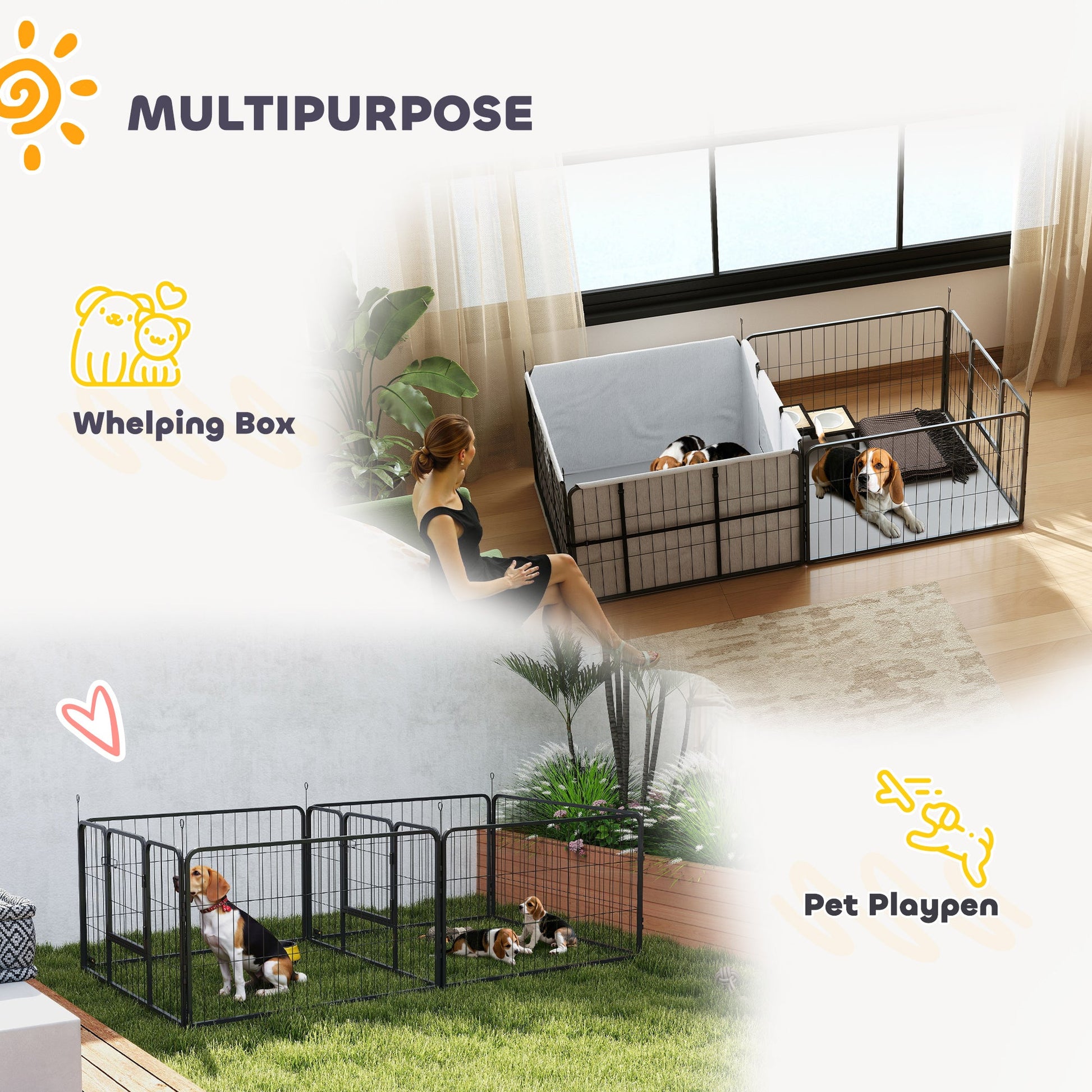 Whelping Box for Dogs, Puppies, 7 Panel Dog Playpen with Two Rooms, Washable Whelping Pads, Water-Resistant Oxford Fabric, Two Doors, for Small and Medium Dogs