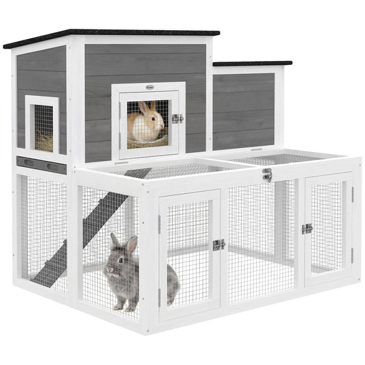Wooden Rabbit Hutch, Indoor Outdoor Bunny Cage with Waterproof & Openable Roof, Pull Out Tray and Ramp, Guinea Pig Hutch for 1-2 Rabbits, 97 x 75.5 x 90 cm, Grey