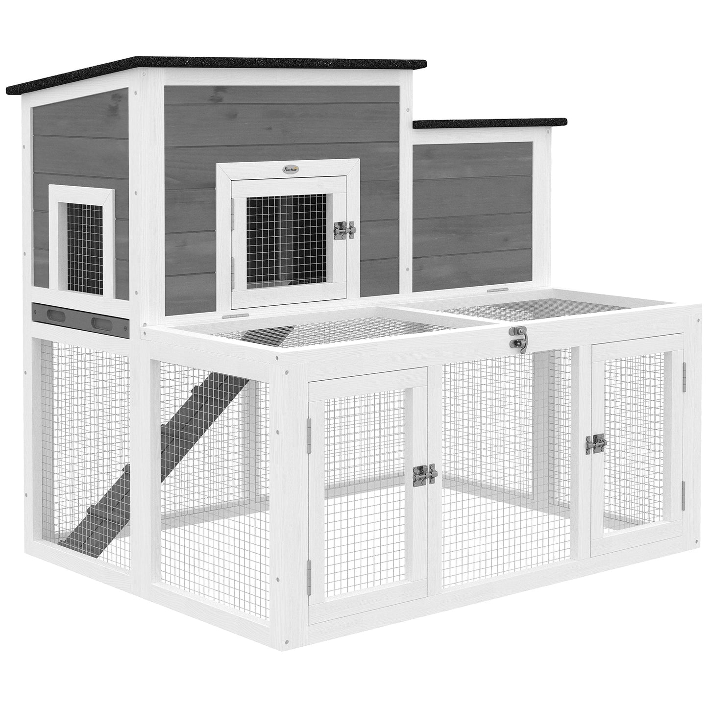 Wooden Rabbit Hutch, Indoor Outdoor Bunny Cage with Waterproof & Openable Roof, Pull Out Tray and Ramp, Guinea Pig Hutch for 1-2 Rabbits, 97 x 75.5 x 90 cm, Grey