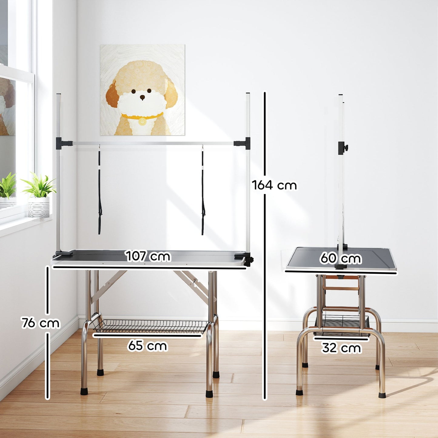 42" Foldable Dog Grooming Table Adjustable Pet Cat Drying Beauty Table Rubber Top with 2 Loops Storage Basket Metal Black