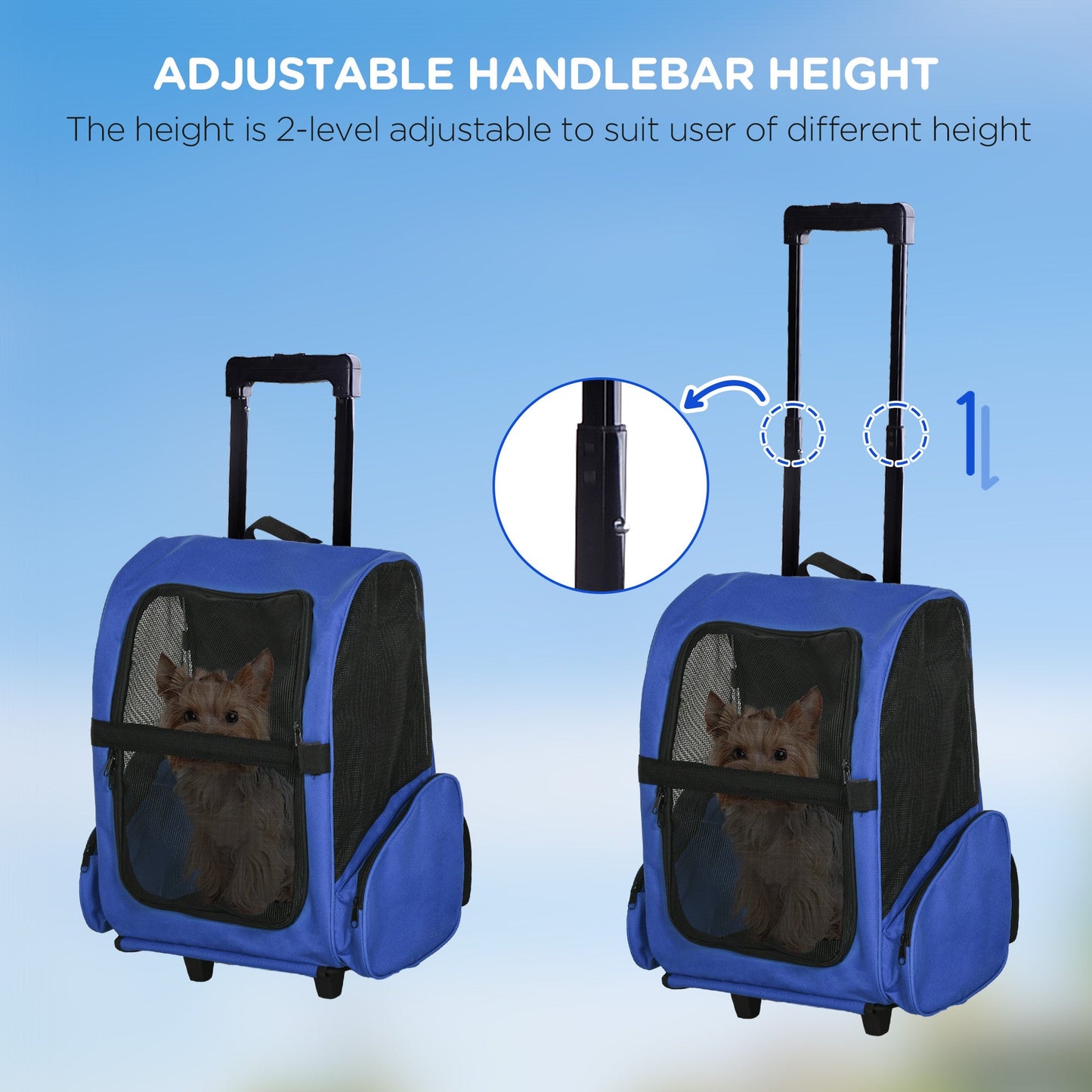 Pet Travel Backpack Bag Cat Puppy Dog Carrier w/ Trolley and Telescopic Handle Portable Stroller Wheel Luggage Bag (Blue)