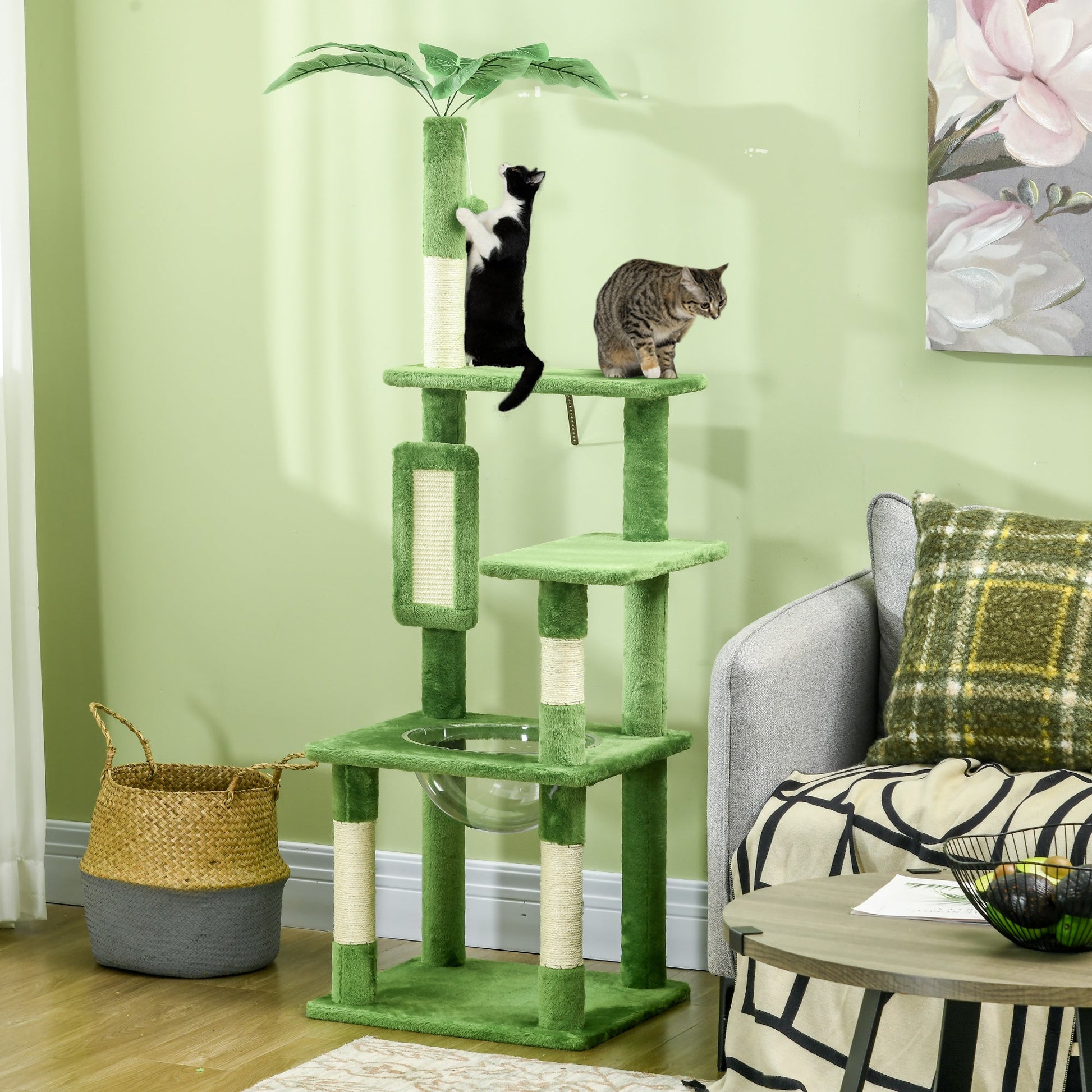 142cm Cat Tree for Indoor Cats, Cat Tower with Scratching Posts, Scratch Board, Hammock, Toy Balls, Multi-level Platforms, Green