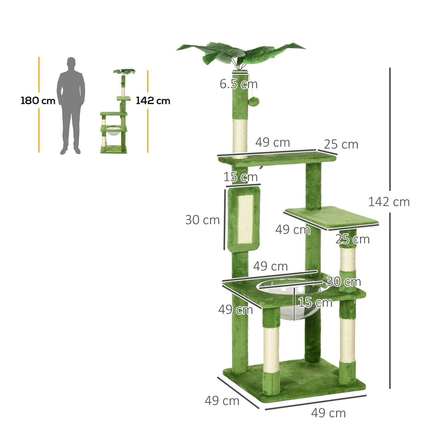 142cm Cat Tree for Indoor Cats, Cat Tower with Scratching Posts, Scratch Board, Hammock, Toy Balls, Multi-level Platforms, Green