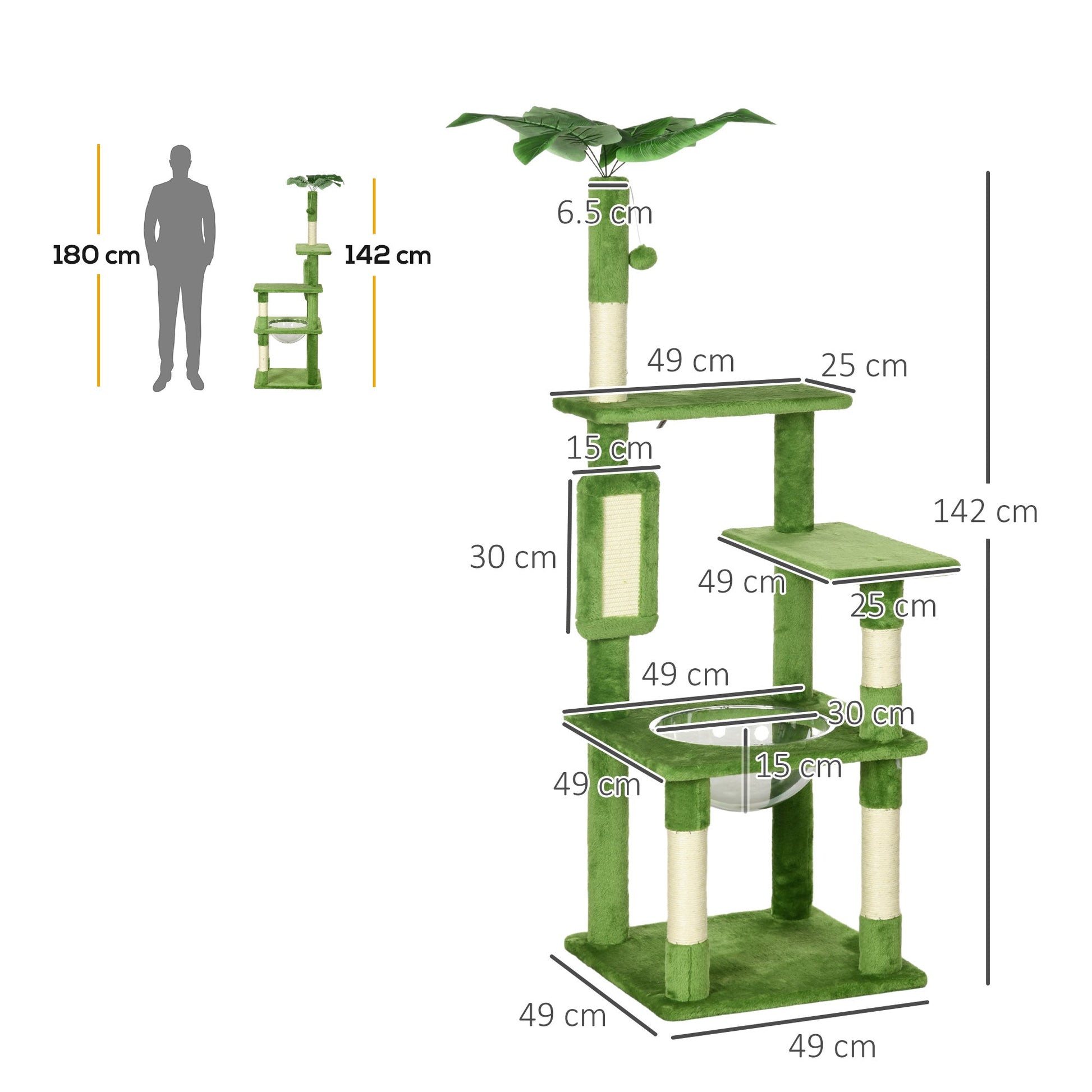 142cm Cat Tree for Indoor Cats, Cat Tower with Scratching Posts, Scratch Board, Hammock, Toy Balls, Multi-level Platforms, Green