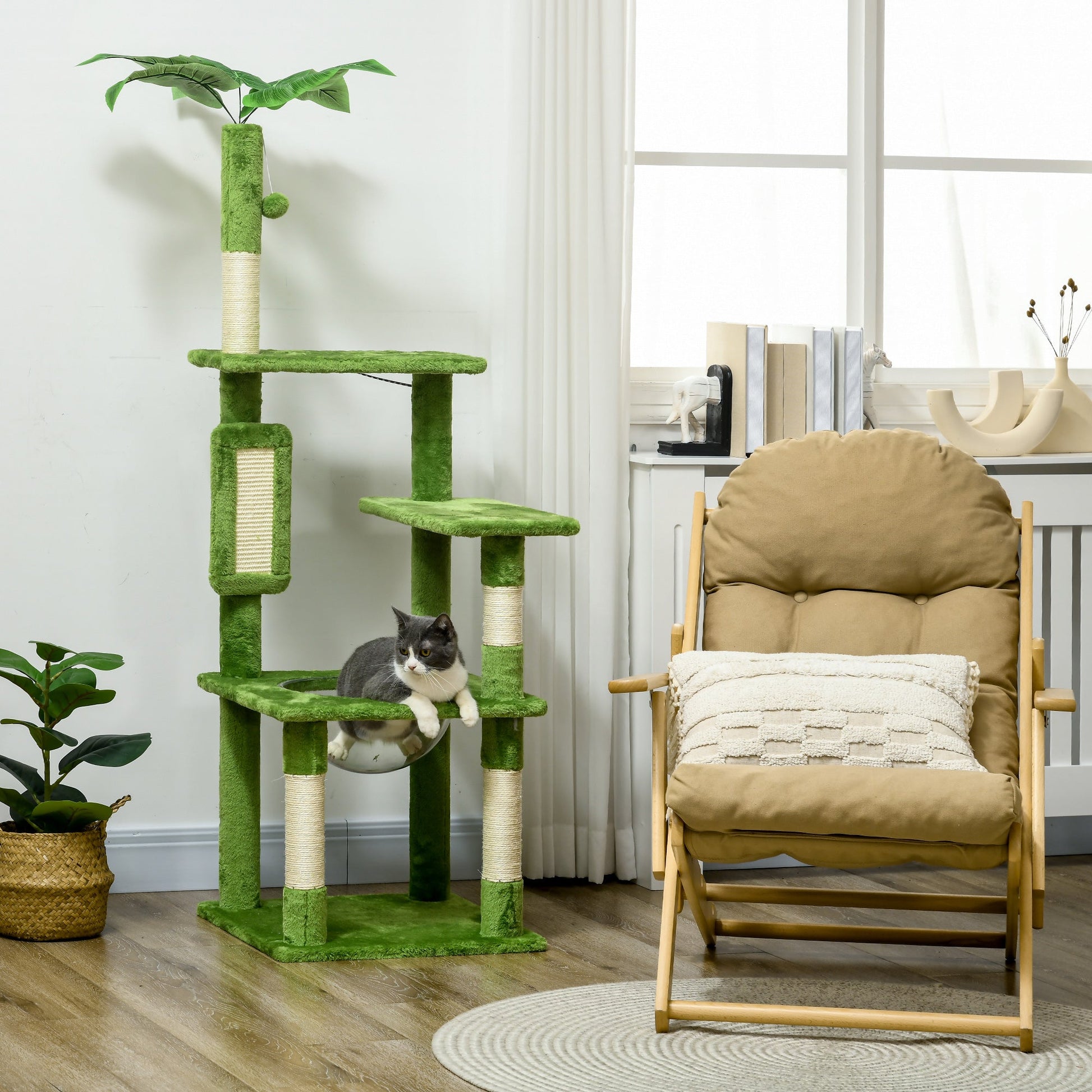 142cm Cat Tree for Indoor Cats, Cat Tower with Scratching Posts, Scratch Board, Hammock, Toy Balls, Multi-level Platforms, Green