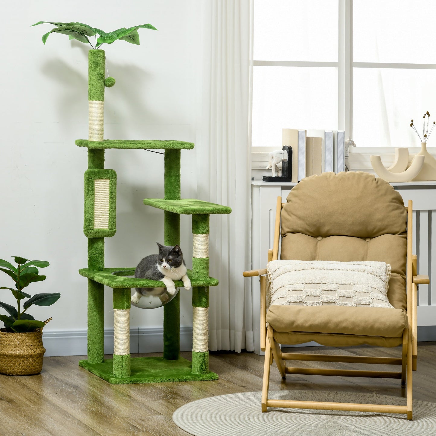142cm Cat Tree for Indoor Cats, Cat Tower with Scratching Posts, Scratch Board, Hammock, Toy Balls, Multi-level Platforms, Green