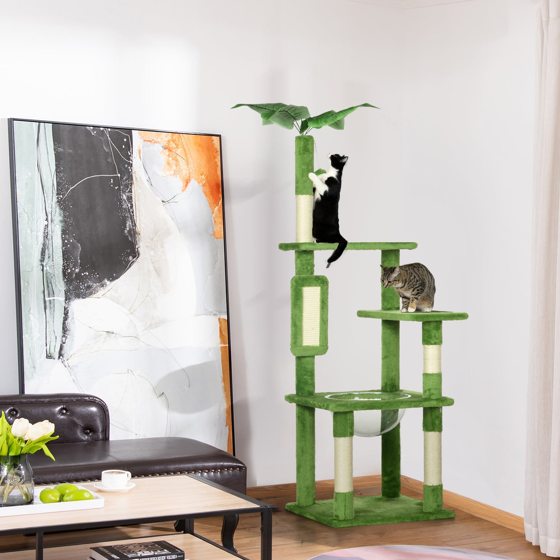 142cm Cat Tree for Indoor Cats, Cat Tower with Scratching Posts, Scratch Board, Hammock, Toy Balls, Multi-level Platforms, Green