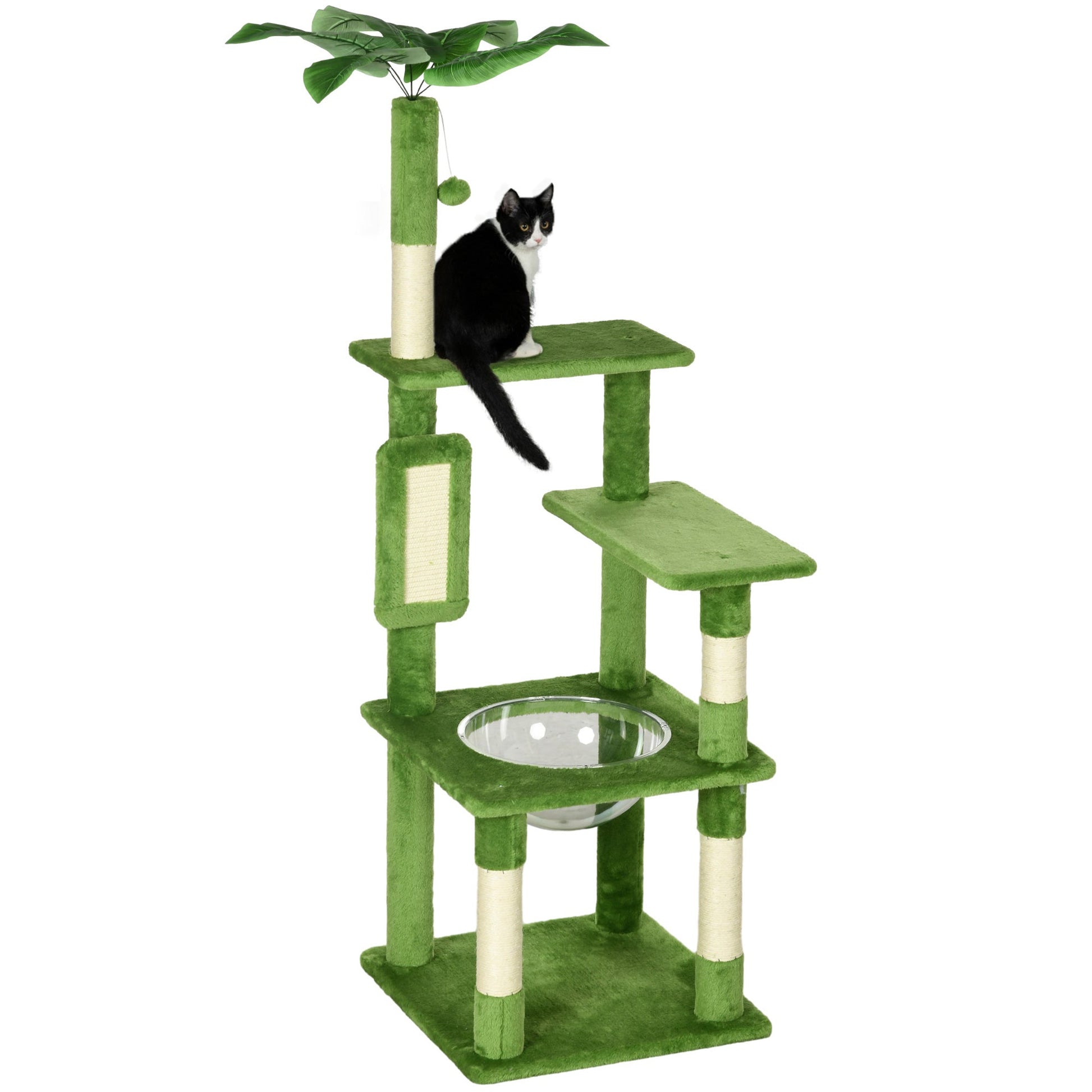 142cm Cat Tree for Indoor Cats, Cat Tower with Scratching Posts, Scratch Board, Hammock, Toy Balls, Multi-level Platforms, Green