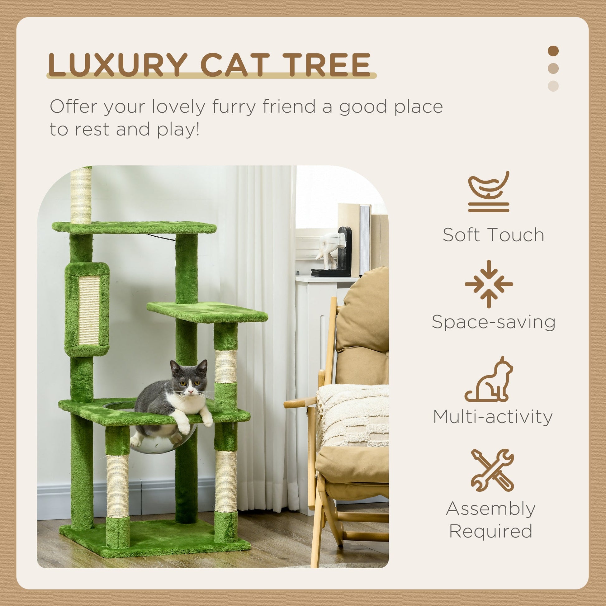 142cm Cat Tree for Indoor Cats, Cat Tower with Scratching Posts, Scratch Board, Hammock, Toy Balls, Multi-level Platforms, Green