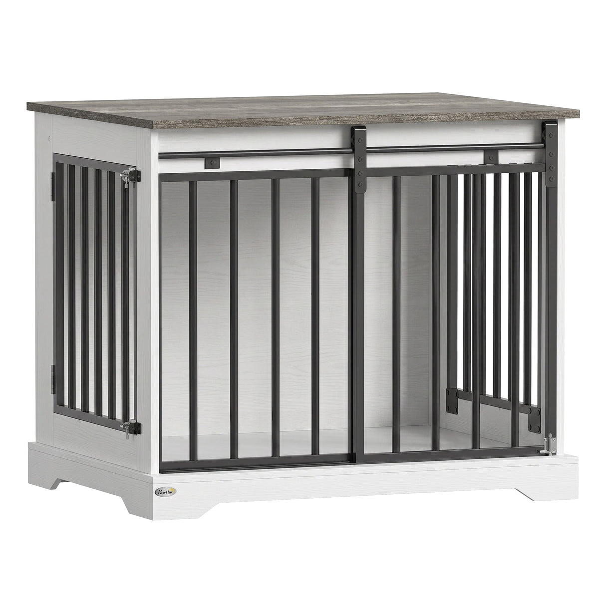 Dog Crate Furniture, 80 cm Double Door Wooden Dog Crate with Sliding Barn Door, Indoor Kennel End Table for Medium Breeds, Anti-Chew Steel Puppy Cage, White