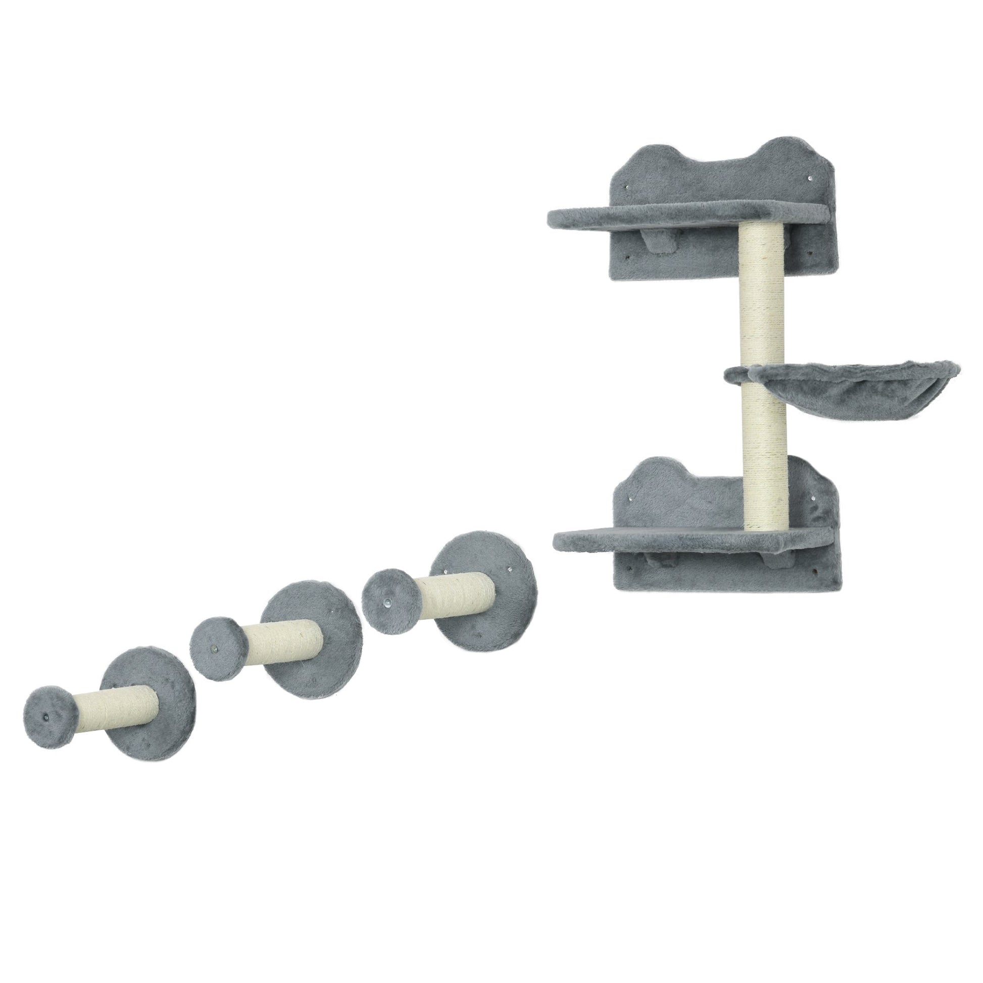 4 Piece Cat Shelves Cat Wall Furniture Wall-Mounted Cat Tree for Indoor Cat w/ Hammock, Steps, Platforms, Scratching Post - Grey