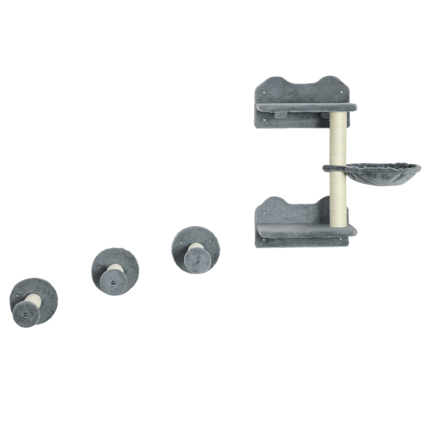 4 Piece Cat Shelves Cat Wall Furniture Wall-Mounted Cat Tree for Indoor Cat w/ Hammock, Steps, Platforms, Scratching Post - Grey