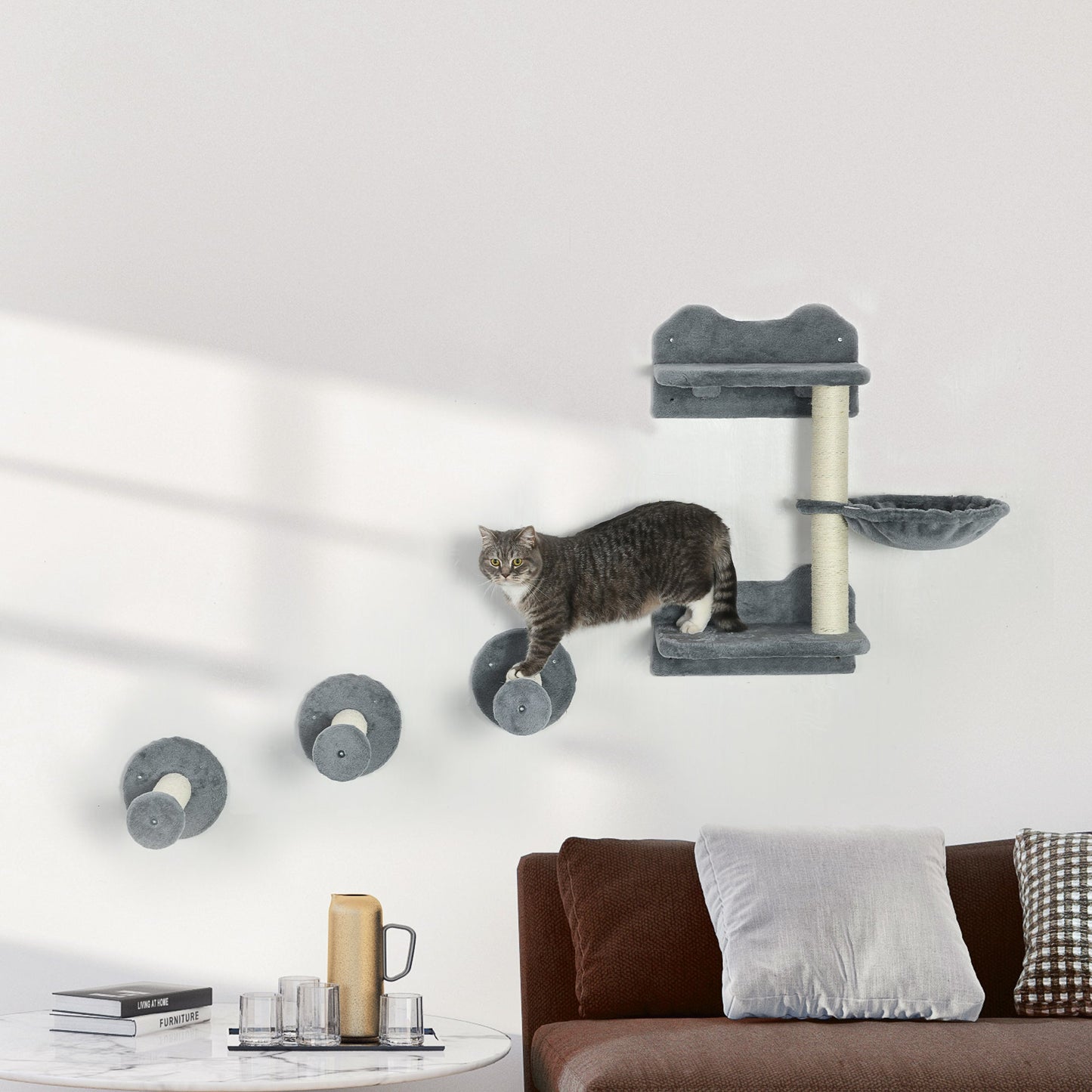 4 Piece Cat Shelves Cat Wall Furniture Wall-Mounted Cat Tree for Indoor Cat w/ Hammock, Steps, Platforms, Scratching Post - Grey