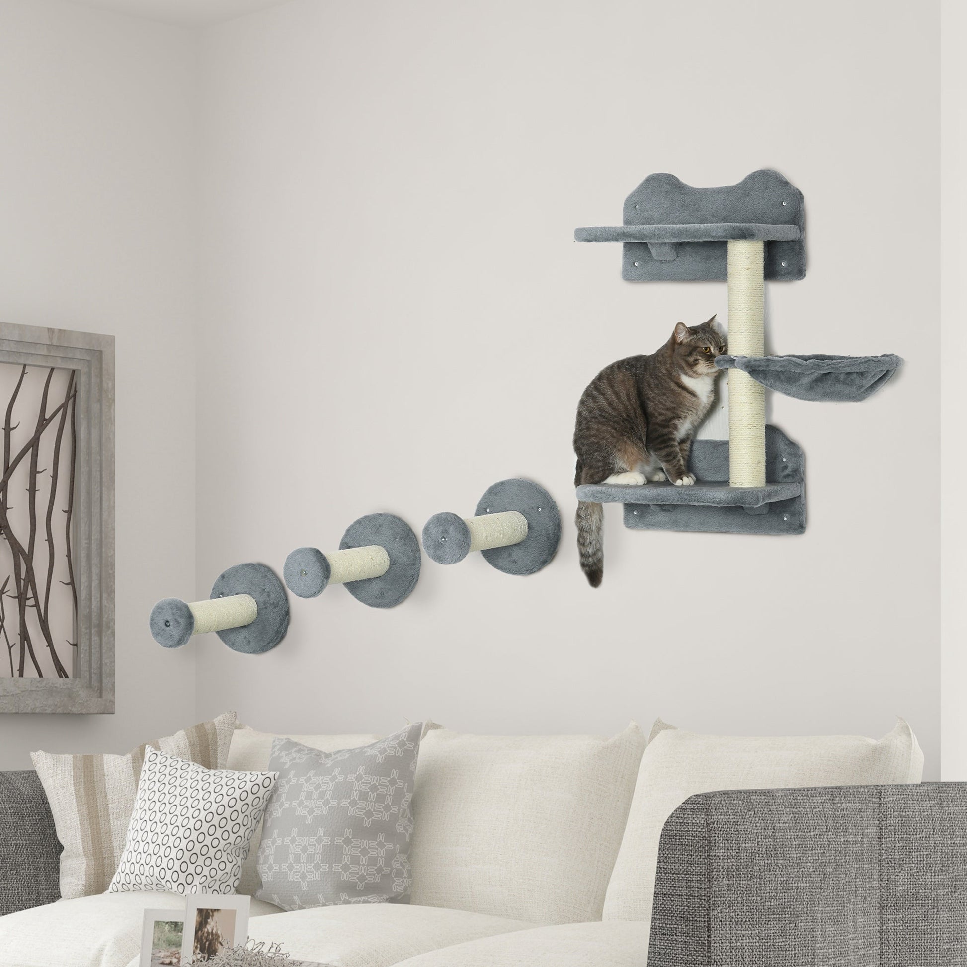 4 Piece Cat Shelves Cat Wall Furniture Wall-Mounted Cat Tree for Indoor Cat w/ Hammock, Steps, Platforms, Scratching Post - Grey