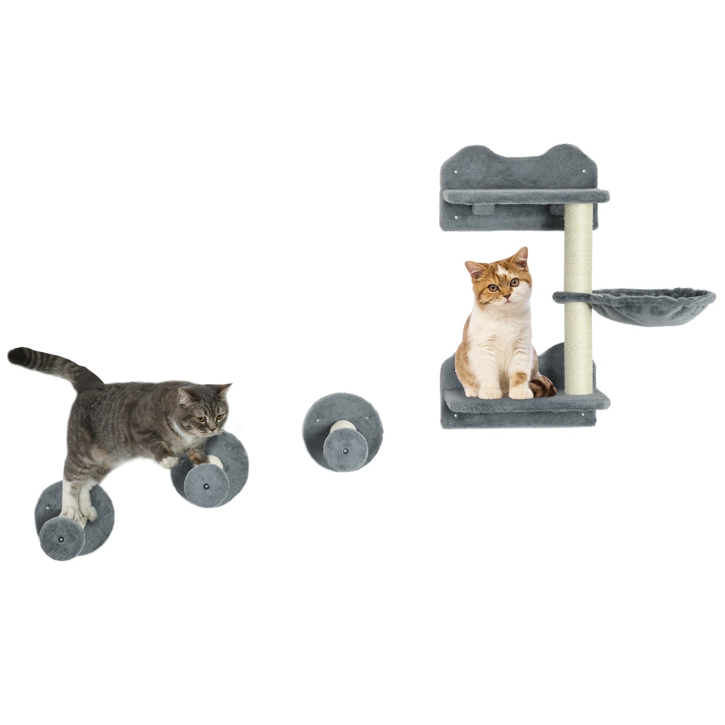 4 Piece Cat Shelves Cat Wall Furniture Wall-Mounted Cat Tree for Indoor Cat w/ Hammock, Steps, Platforms, Scratching Post - Grey