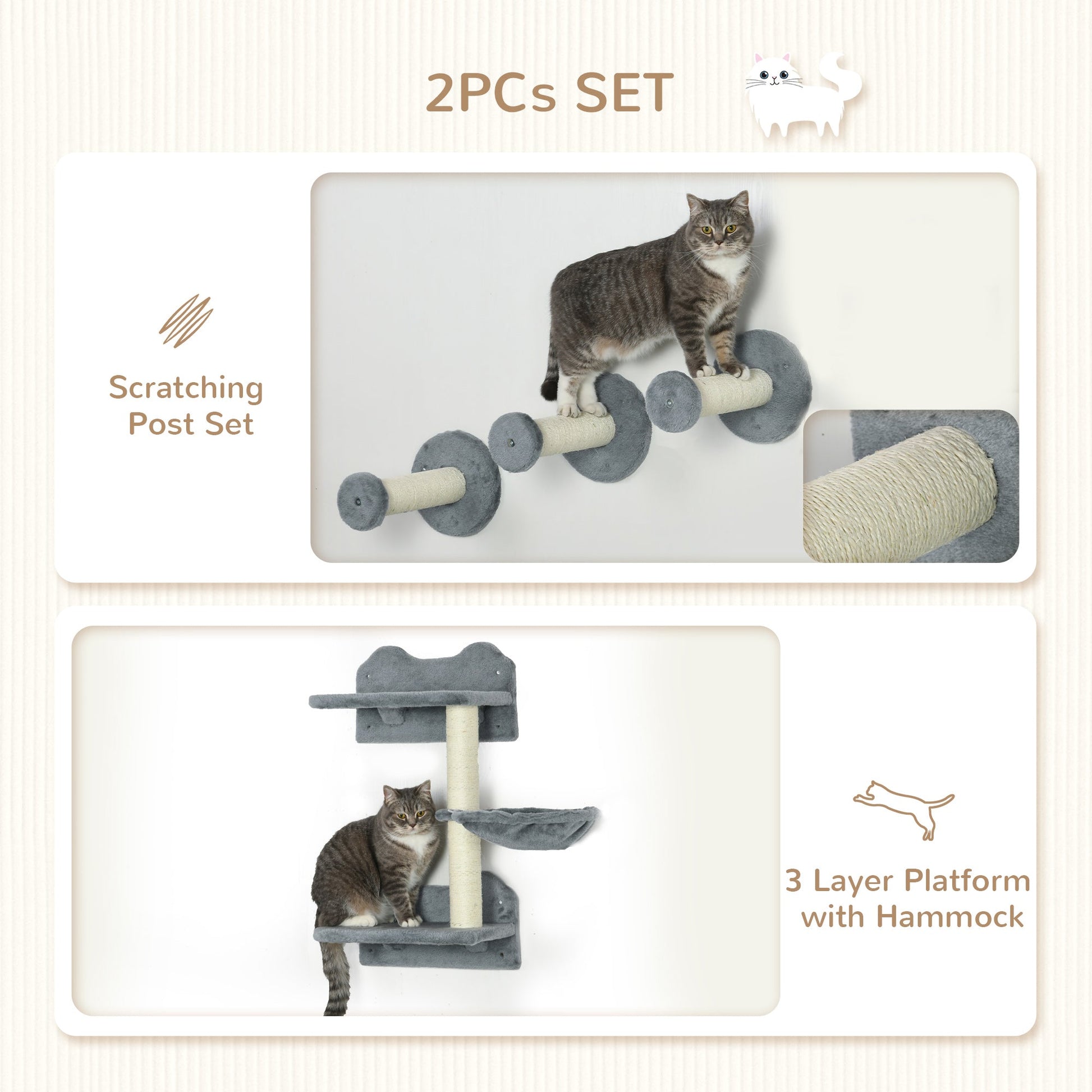 4 Piece Cat Shelves Cat Wall Furniture Wall-Mounted Cat Tree for Indoor Cat w/ Hammock, Steps, Platforms, Scratching Post - Grey