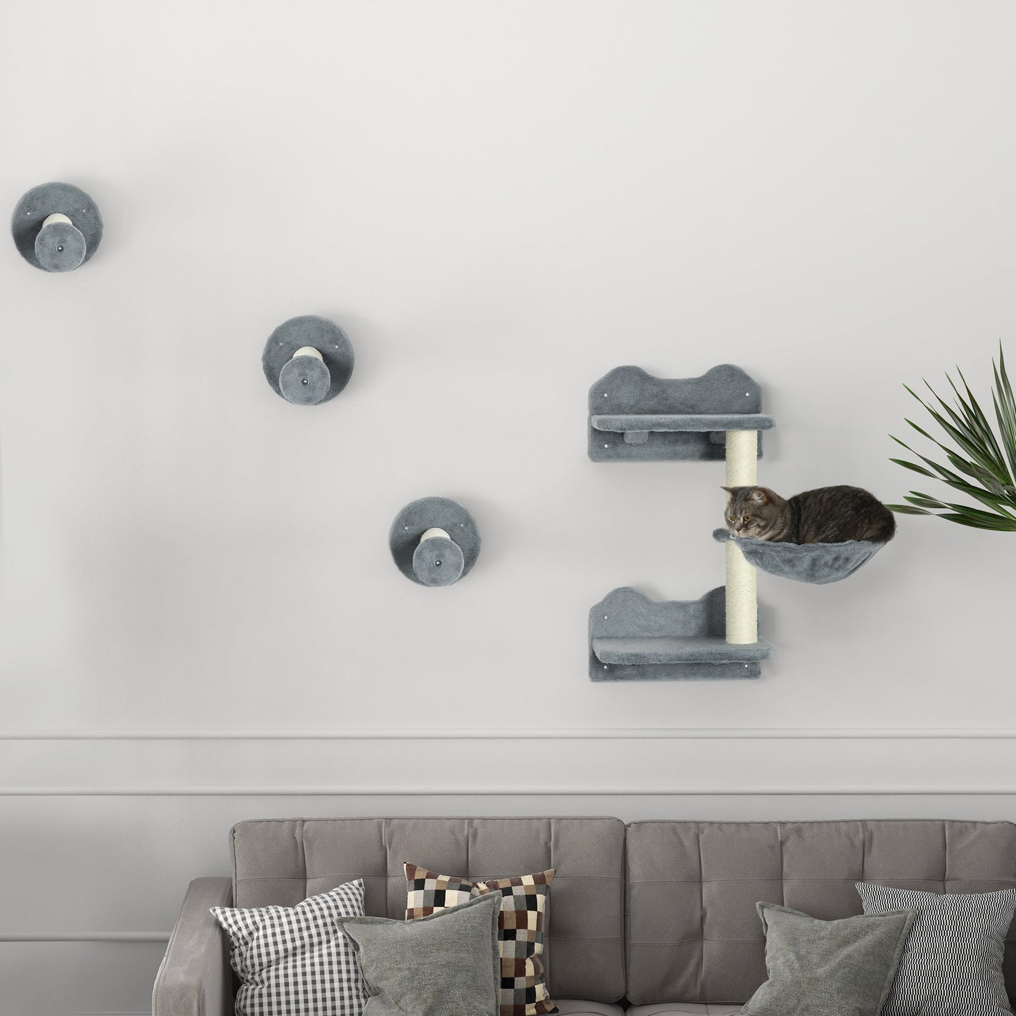 4 Piece Cat Shelves Cat Wall Furniture Wall-Mounted Cat Tree for Indoor Cat w/ Hammock, Steps, Platforms, Scratching Post - Grey