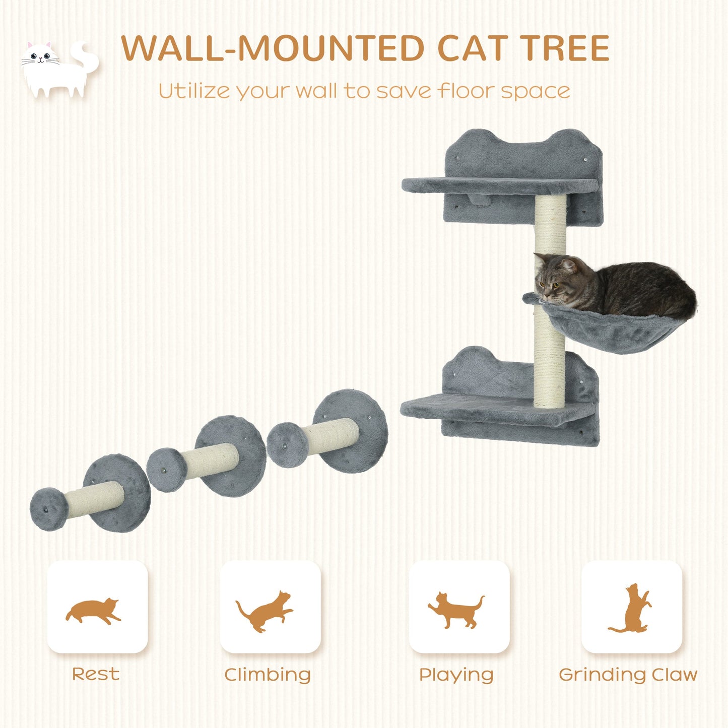 4 Piece Cat Shelves Cat Wall Furniture Wall-Mounted Cat Tree for Indoor Cat w/ Hammock, Steps, Platforms, Scratching Post - Grey