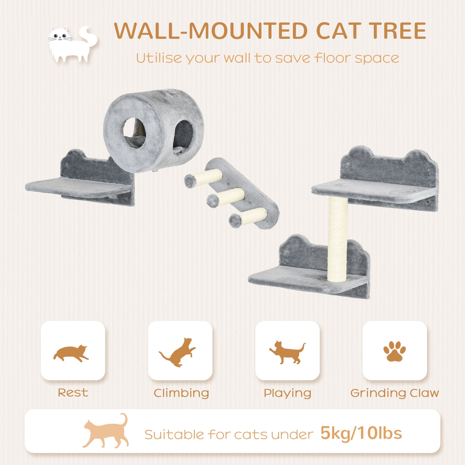 4PCs Wall Mounted Cat Tree, Cat Wall Furniture with Platforms, Steps, Scratching Post, Perch, Cat House for Indoor Cats - Grey