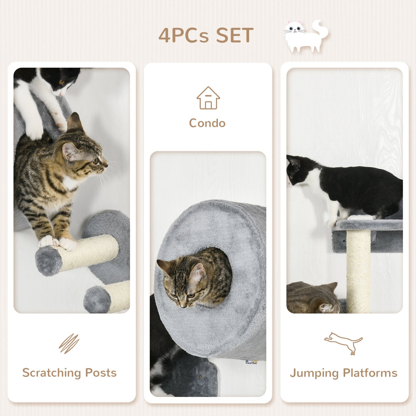 4PCs Wall Mounted Cat Tree, Cat Wall Furniture with Platforms, Steps, Scratching Post, Perch, Cat House for Indoor Cats - Grey