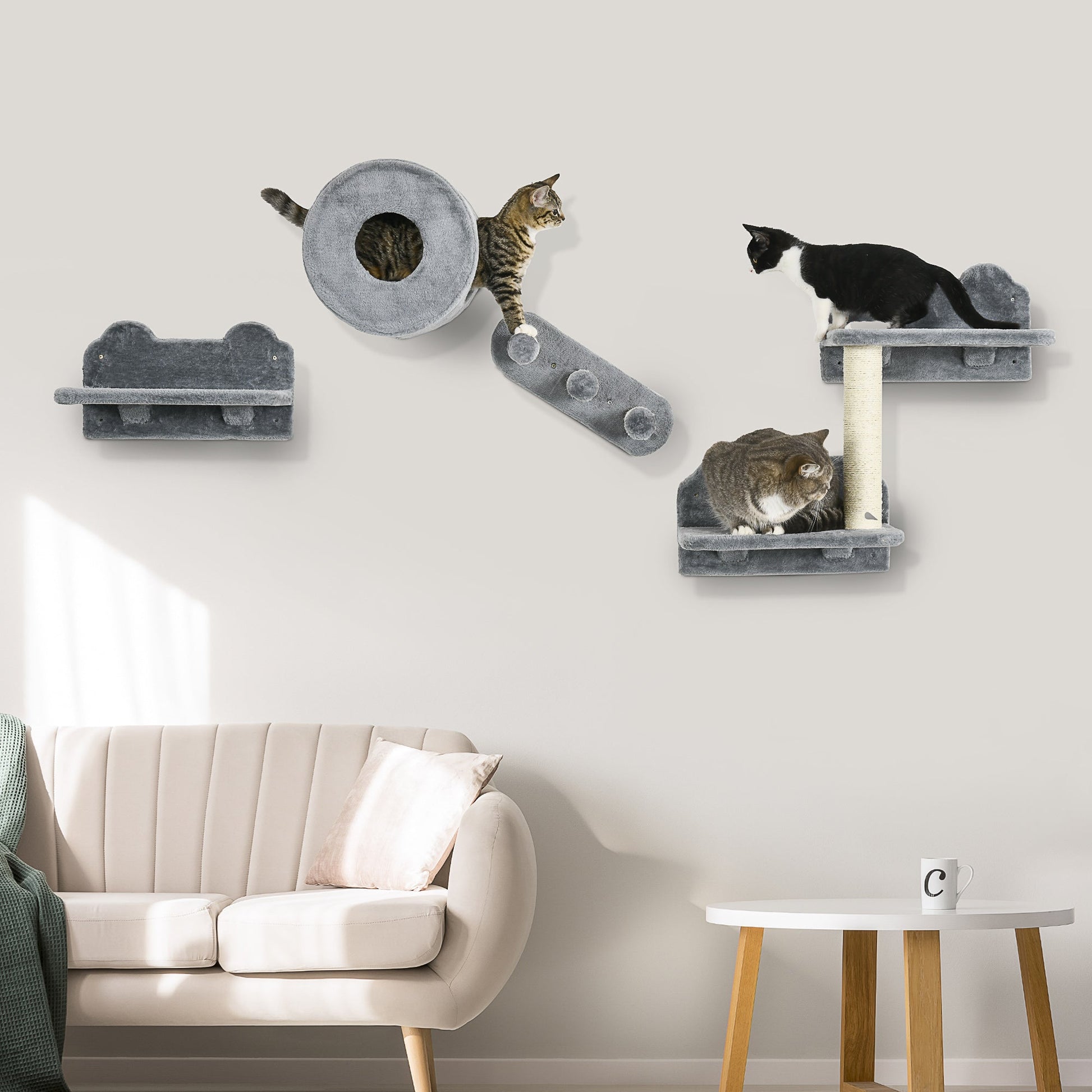 4PCs Wall Mounted Cat Tree, Cat Wall Furniture with Platforms, Steps, Scratching Post, Perch, Cat House for Indoor Cats - Grey