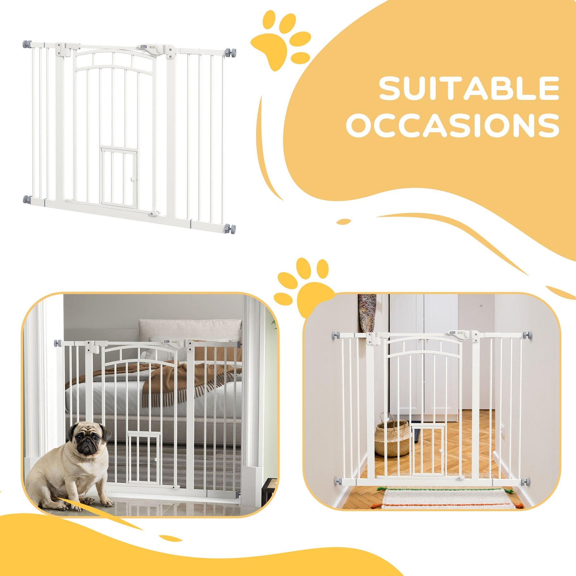 Dog Stair Gate Pet Barrier with Small Cat Door, Pressure Fit Safety Gate  with Auto Closing System, Double Locking, for Hallways, 74-100 cm Openings - White