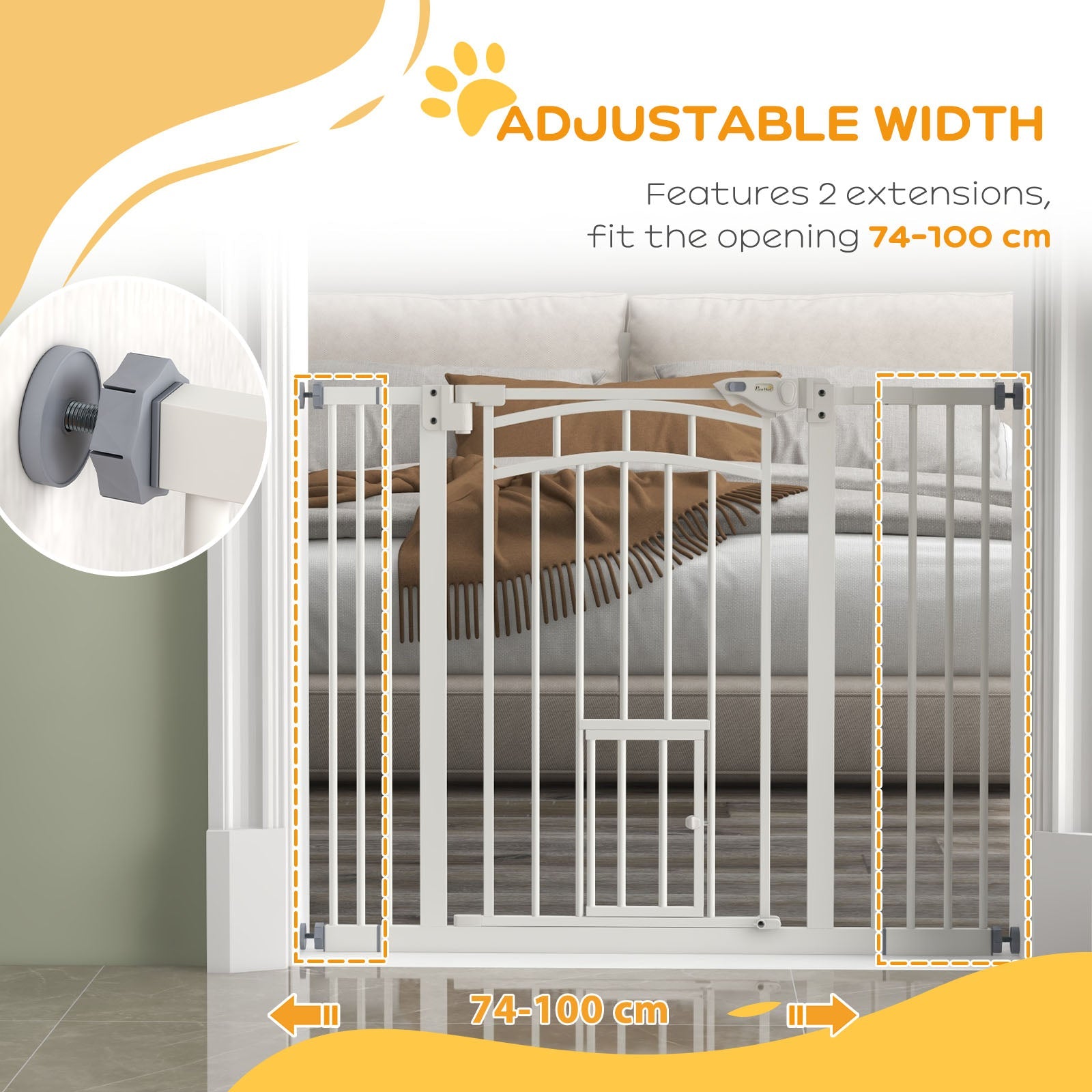 Dog Stair Gate Pet Barrier with Small Cat Door, Pressure Fit Safety Gate  with Auto Closing System, Double Locking, for Hallways, 74-100 cm Openings - White