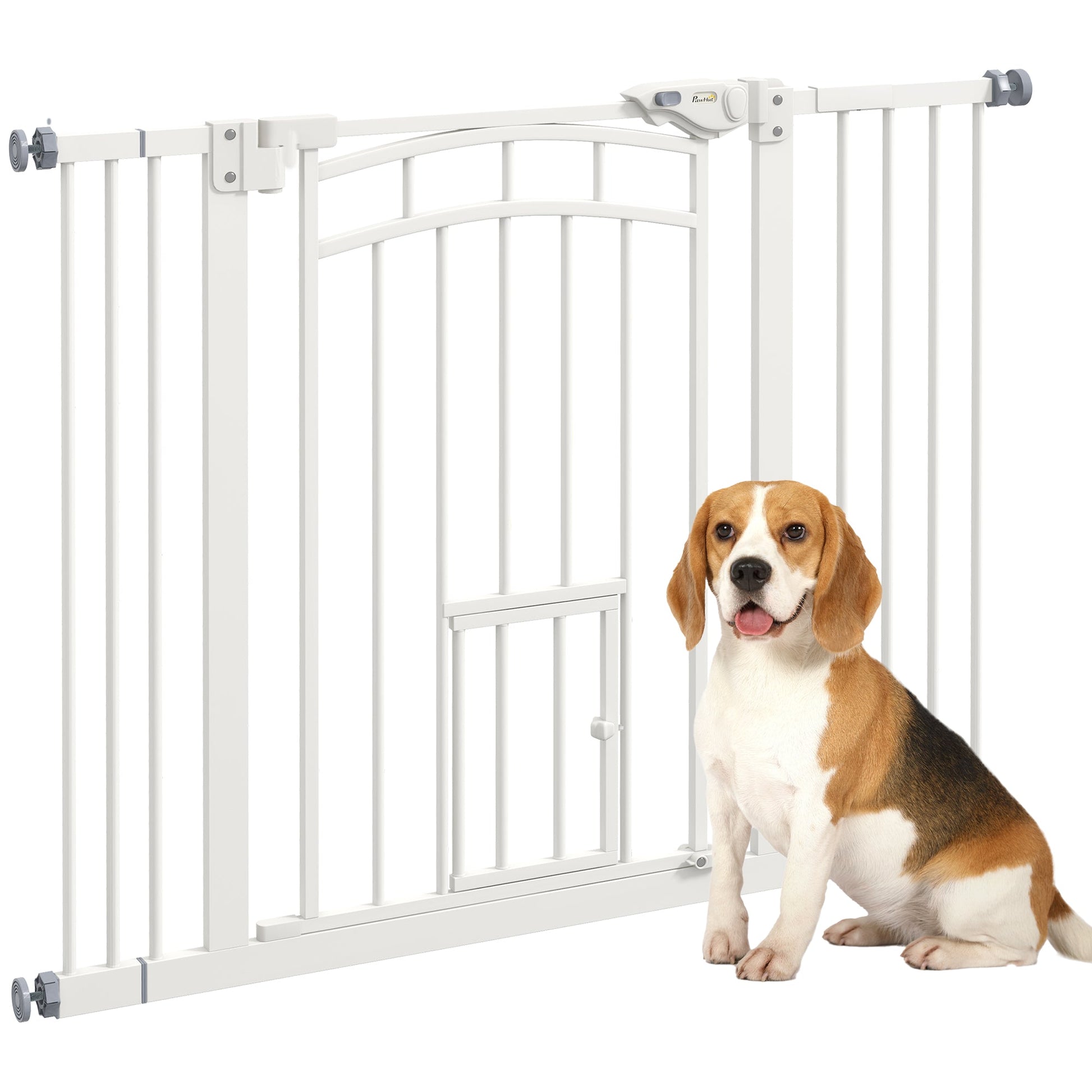 Dog Stair Gate Pet Barrier with Small Cat Door, Pressure Fit Safety Gate  with Auto Closing System, Double Locking, for Hallways, 74-100 cm Openings - White