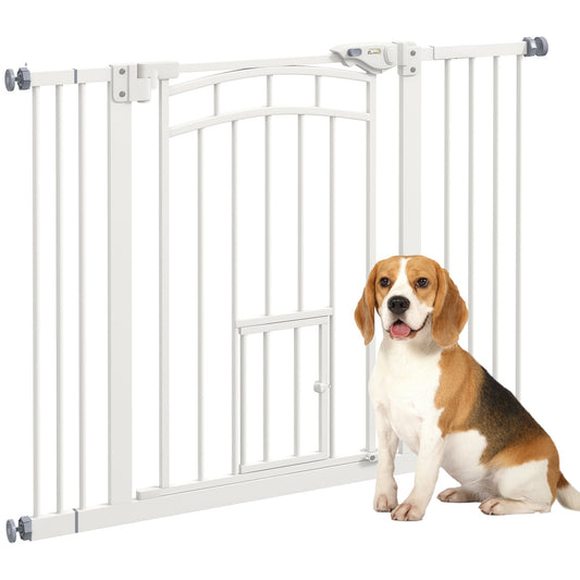 Dog Stair Gate Pet Barrier with Small Cat Door, Pressure Fit Safety Gate  with Auto Closing System, Double Locking, for Hallways, 74-100 cm Openings - White