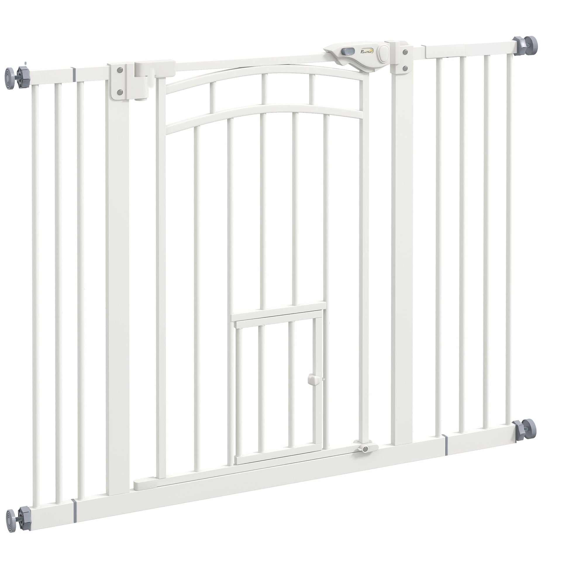 Dog Stair Gate Pet Barrier with Small Cat Door, Pressure Fit Safety Gate  with Auto Closing System, Double Locking, for Hallways, 74-100 cm Openings - White